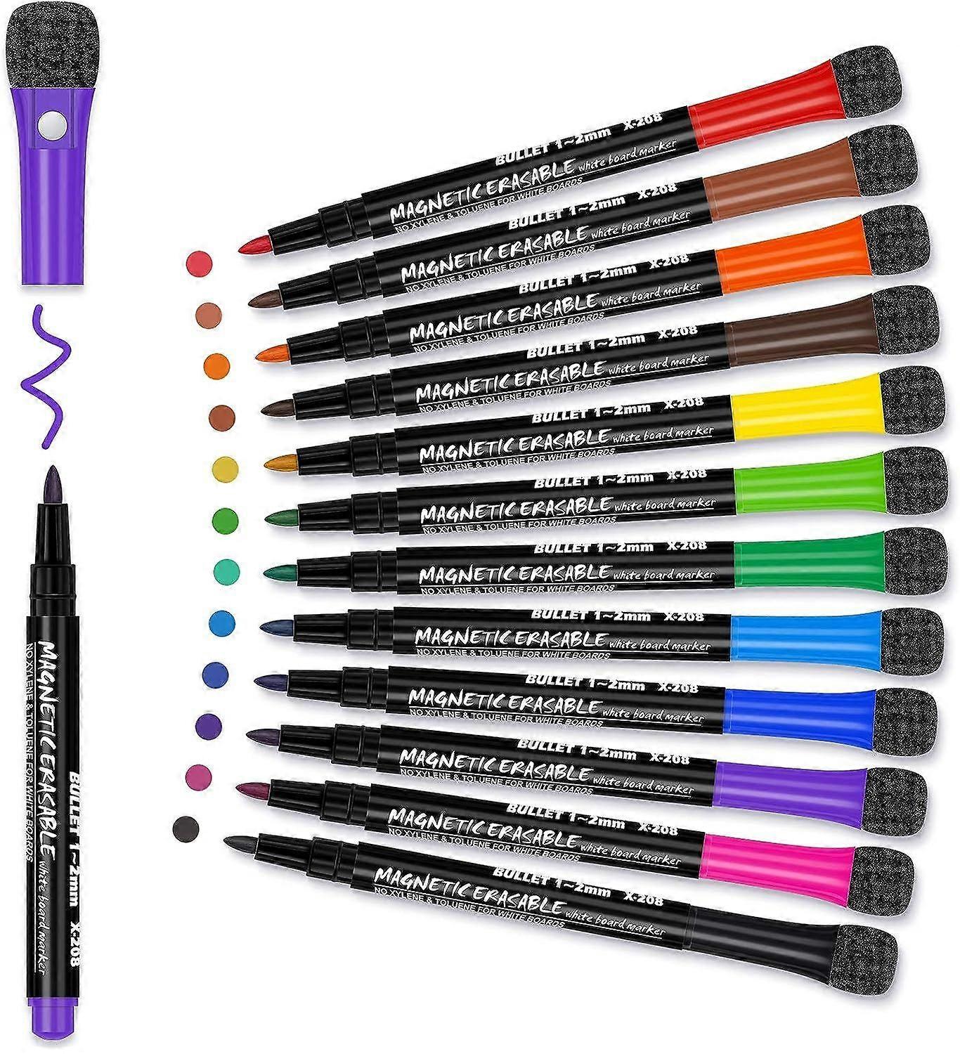 Marqueurs magnétiques effaçables à sec fins : 12 couleurs effaçables marqueurs de tableau blanc pointe fine avec capuchon de gomme, faible odeur tableau blanc effaçable à sec stylos pointe fine pour Ki