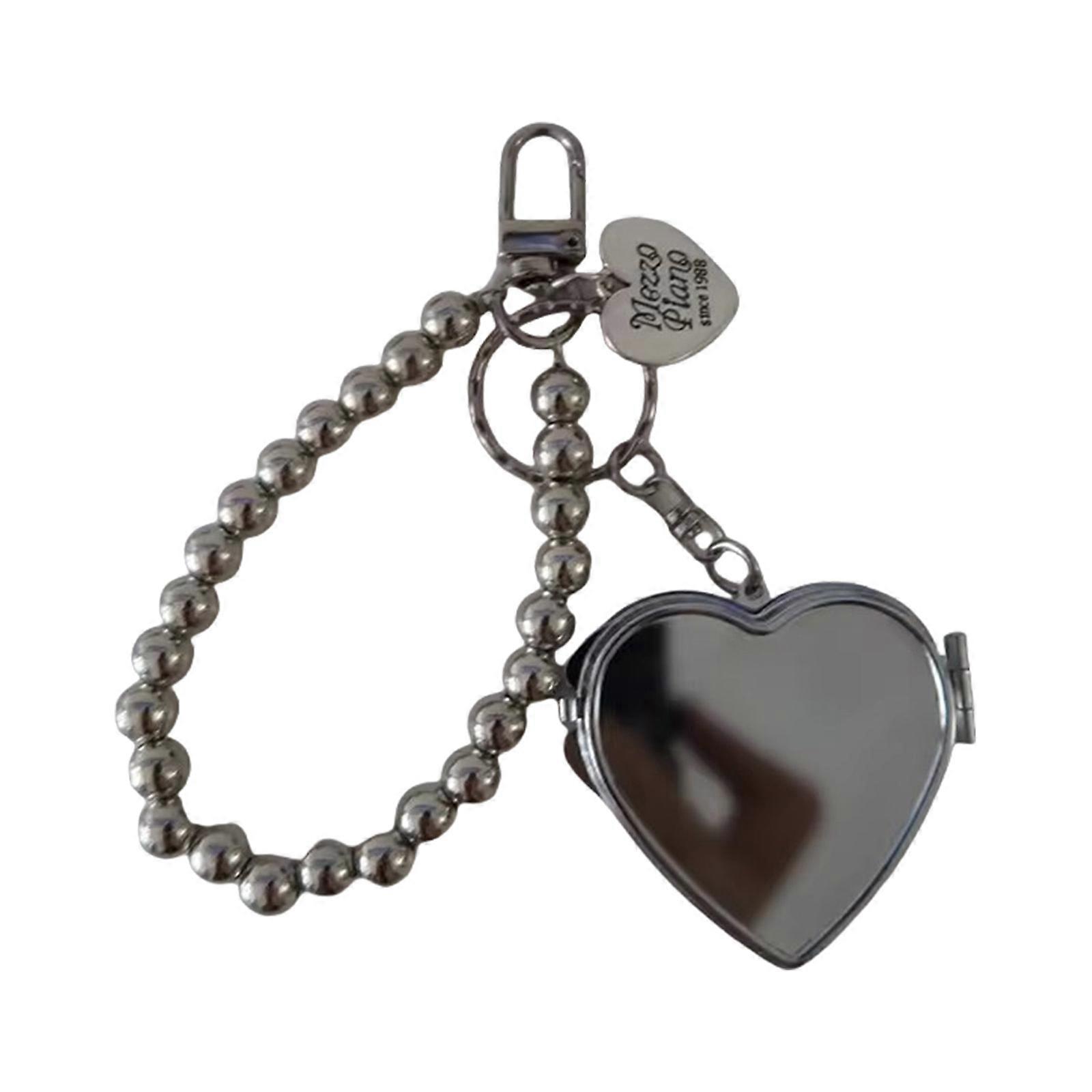 Elegant Key Holder Fashionable Keychain with Oval/Round/Heart Mirror and Beaded Chain Bag Ornament for Trendsetters