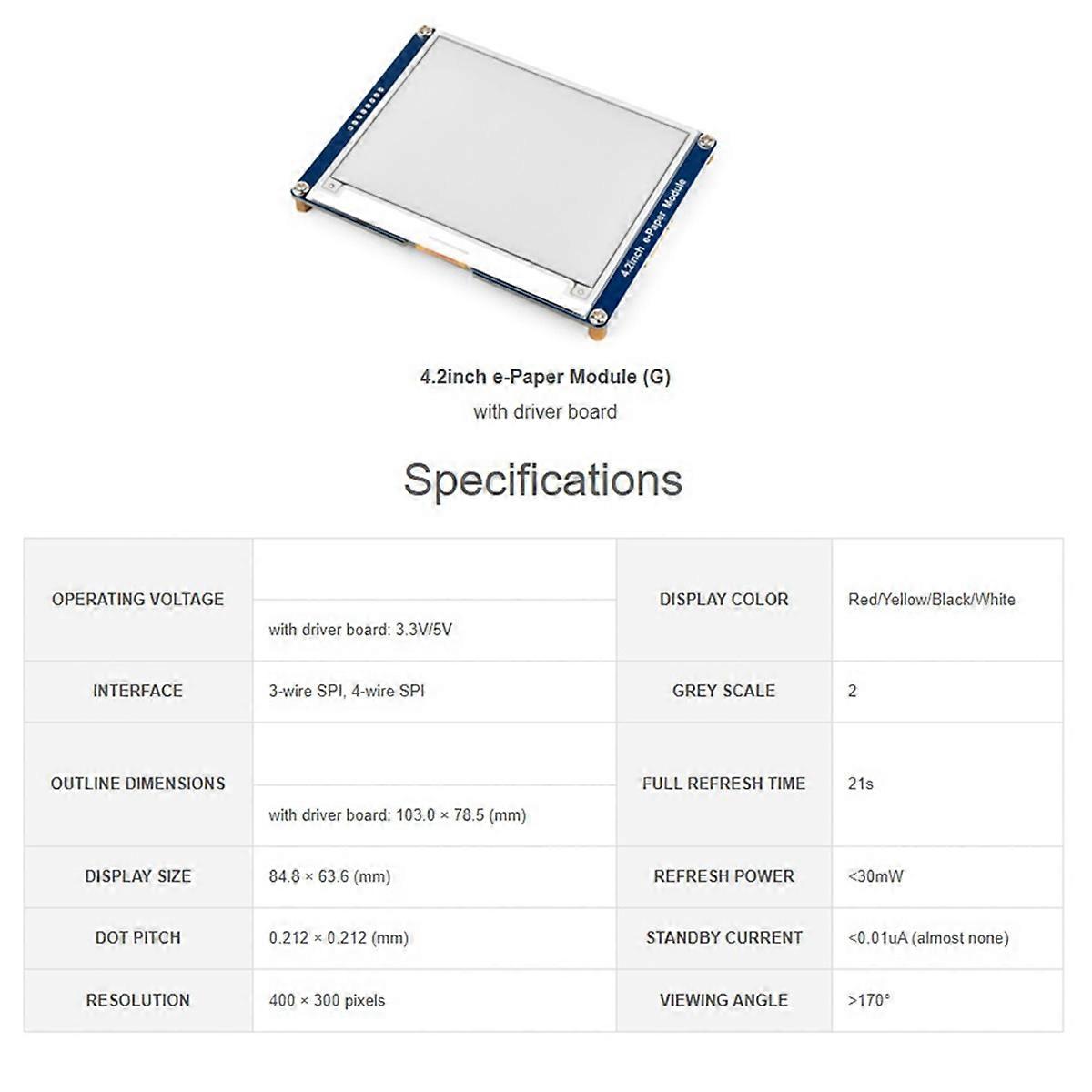 4.2inch E-Paper E-Ink Display Module 4.2inch E-Paper Module (G) , 400x300, Red / Yellow/ Black / White, SPI Interface