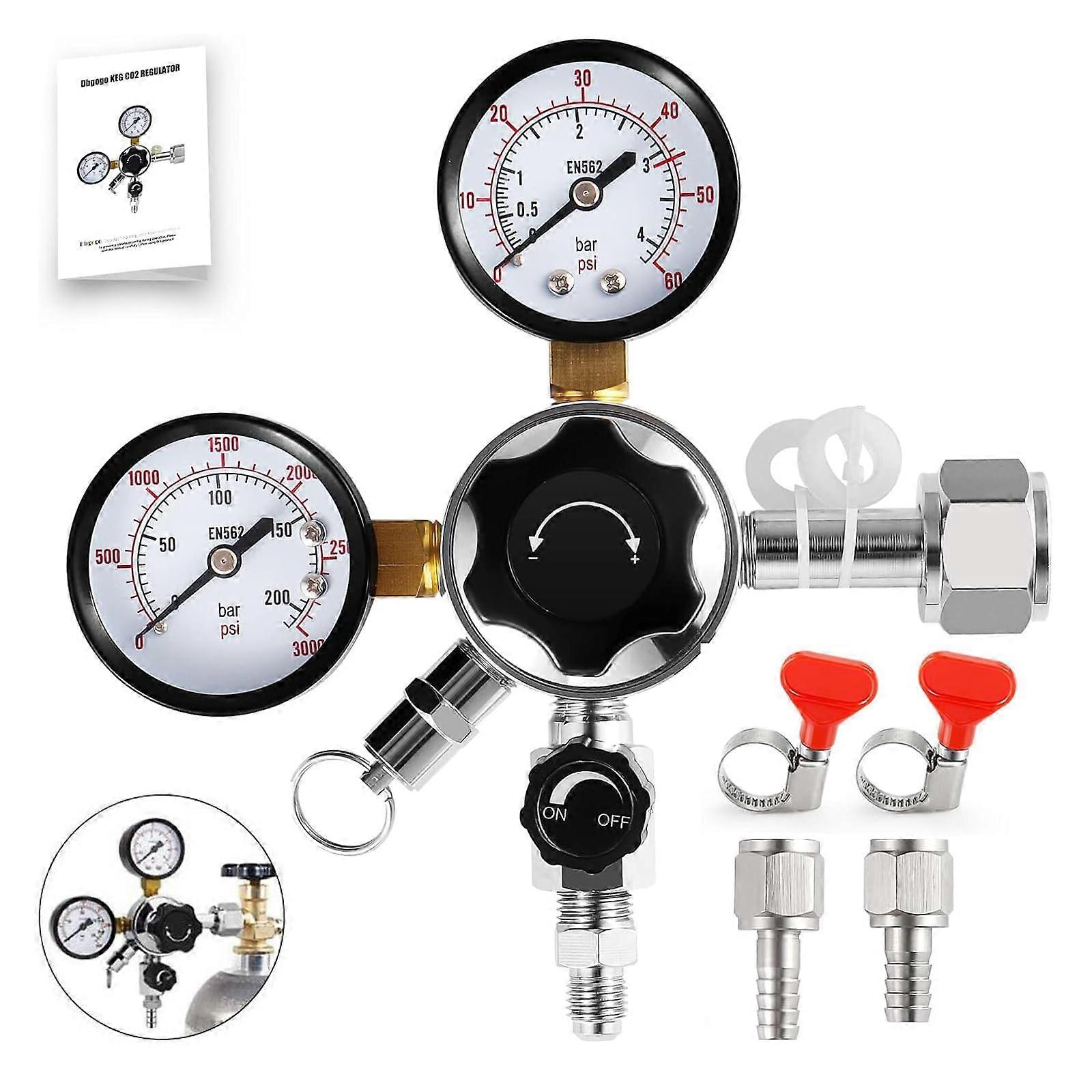 CGA-320 Kegerator Regulator: Dual Gauge CO2, 1/4" & 5/16" Barb Quick Disconnect Connectors, Safety Relief Valve