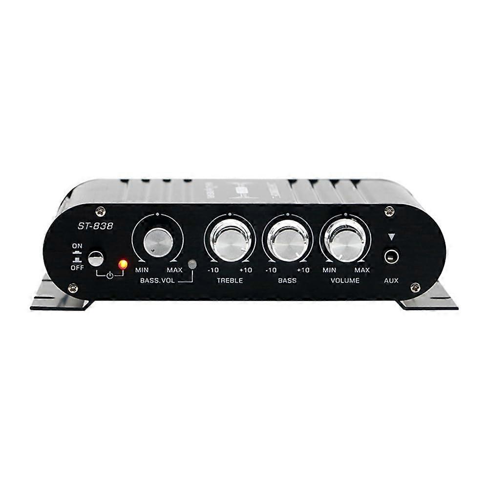 -838 Mini HiFi 2.1 Channel Stereo Amplifier with Bass and Treble Control for Car and Home Audio, US Plug, Compact Design