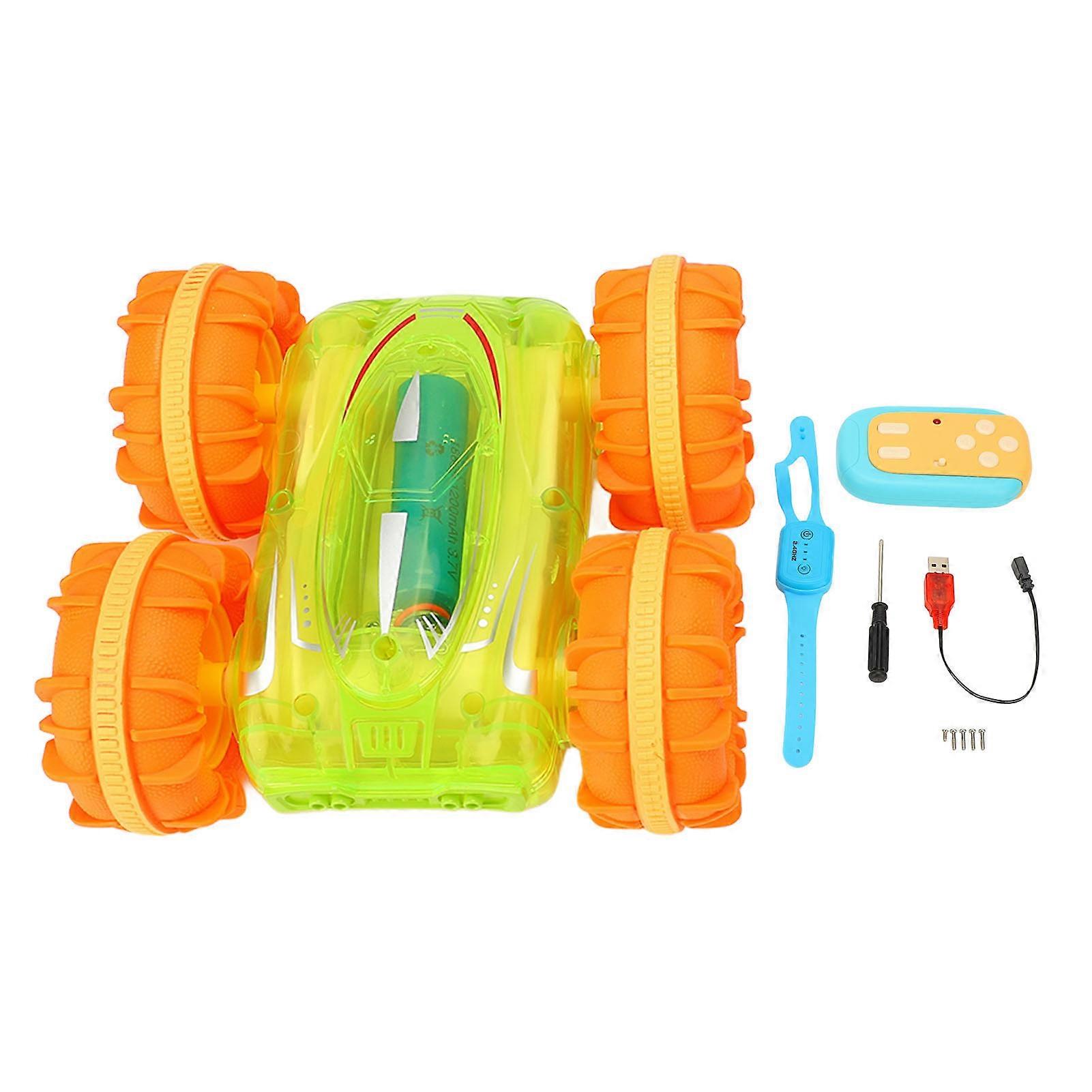 Amphibious Remote Control Stunt Waterproof Double Sided Gesture Sensing Rotating RC Car with Handle Controller Transparent Green