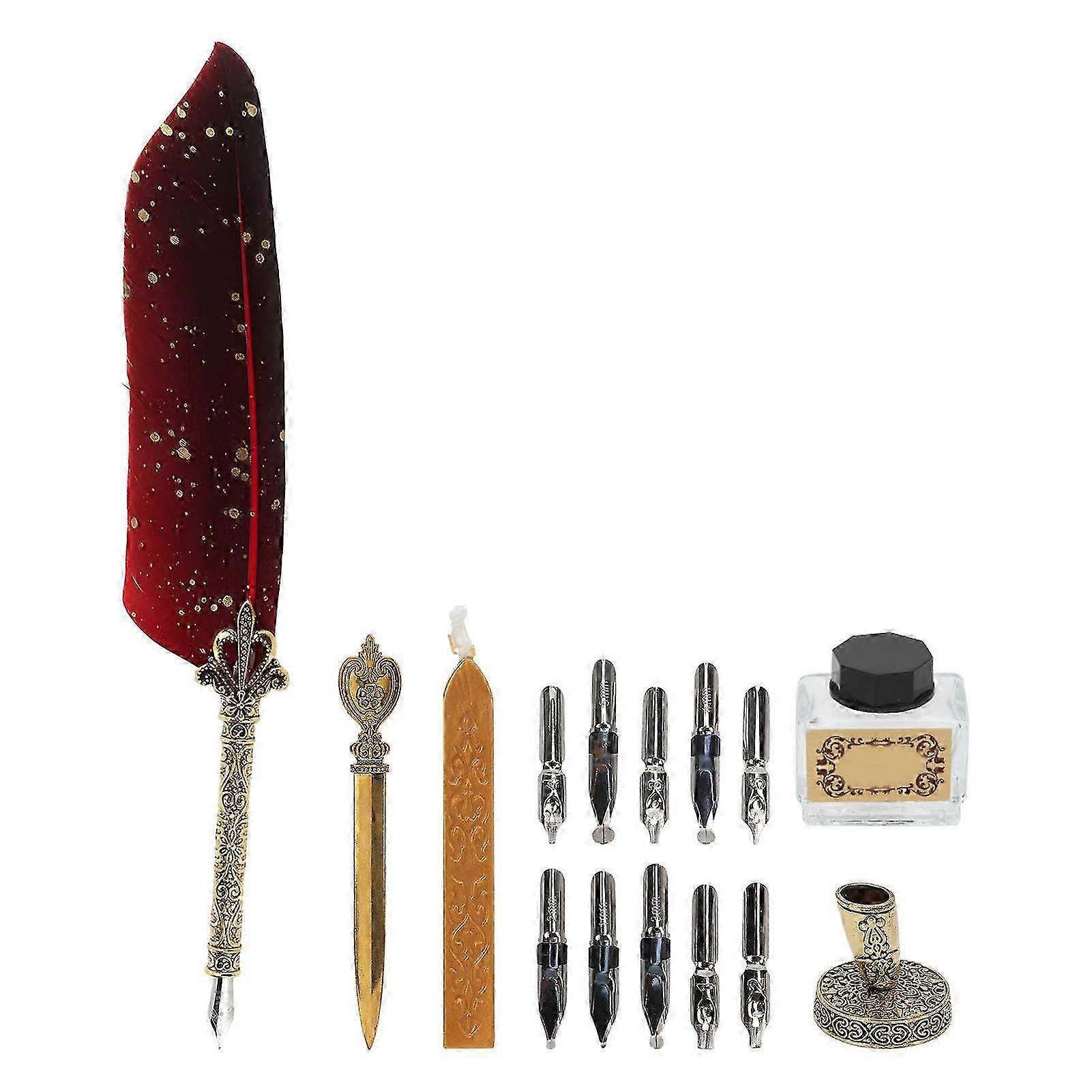 Quill Pen Set Exquisite Retro Smoothing Writing Feather Pen Caligraphy Pen Kit with Multiple Replacement Nibs Red