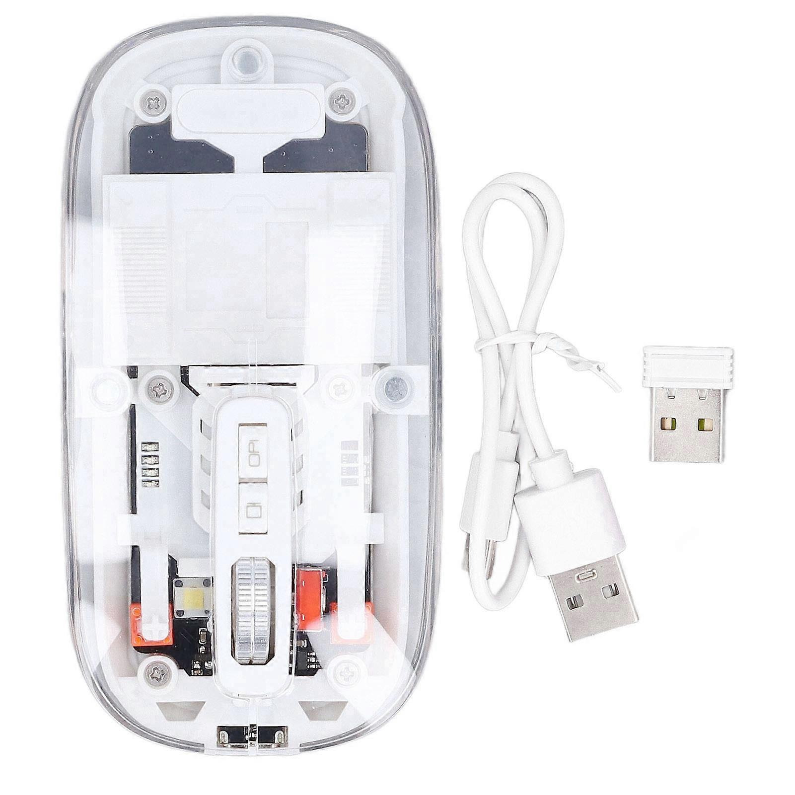 BT1 BT2 2.4GHz Bluetooth Wireless Mouse 3 Modes Silent Adjustable DPI Rechargeable Transparent Mouse for PC Laptop Tablet White