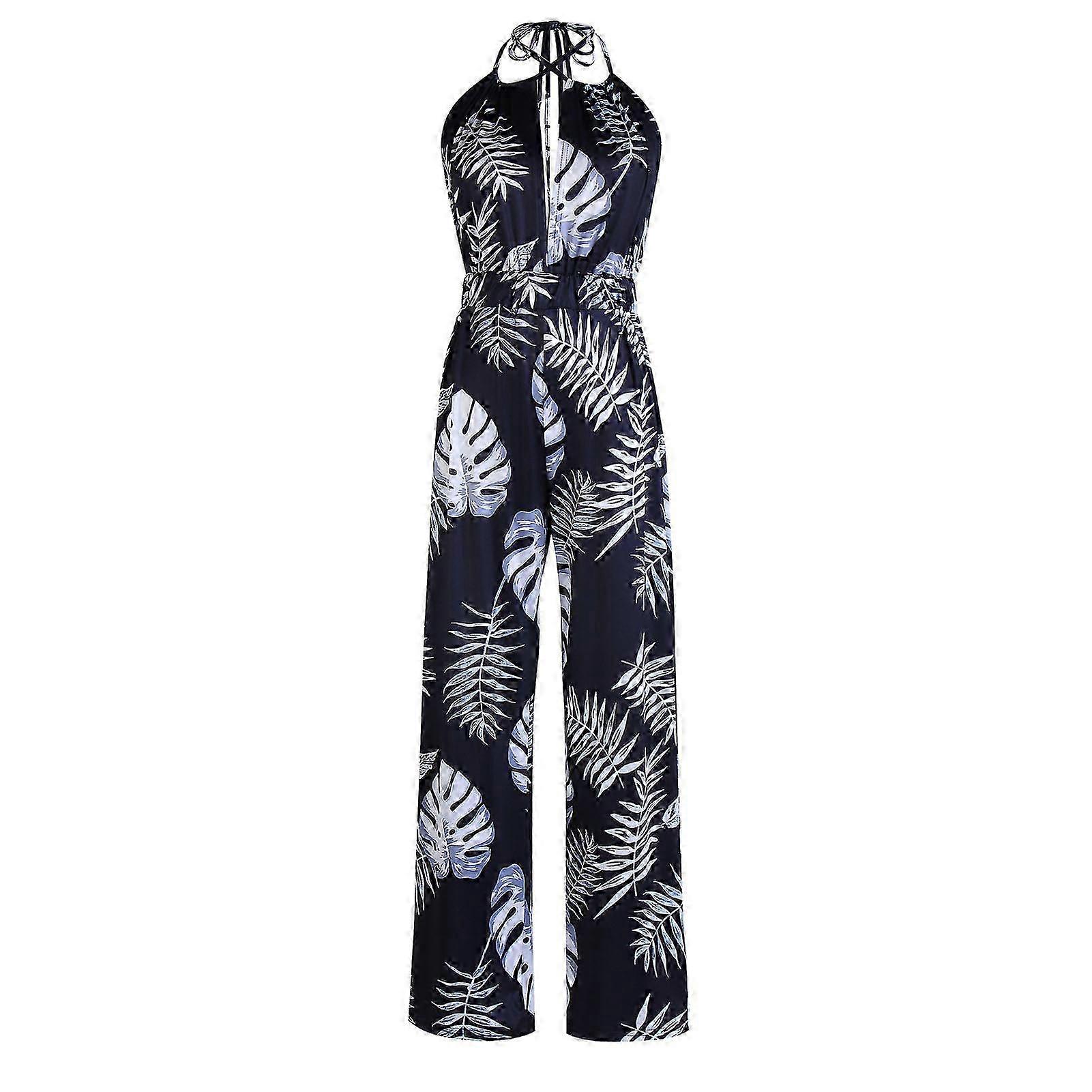 Womens Loose Straight Leg Jumpsuit with Deep V Neck and Halter Lace Up Backless Design, Ideal for Spring and Summer in Black Color Size S