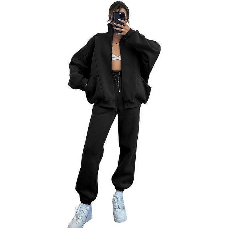 Autumn and Winter Women's Plus Size Solid Colour Lapel Long Sleeve Sweatshirt Fashion Casual Long Pants Suit