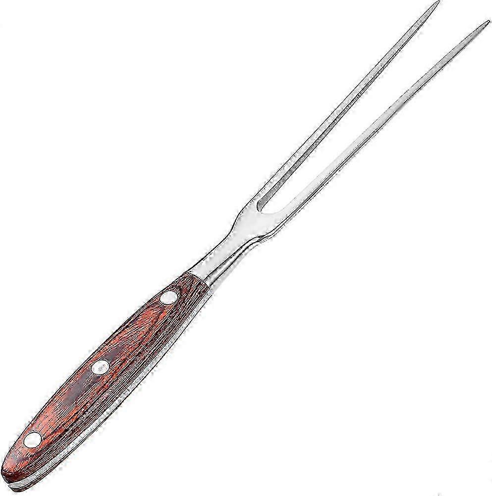 Stainless steel carving fork with wooden handle, perfect for grilling and cooking, suitable for various kitchen uses and culinary tasks.