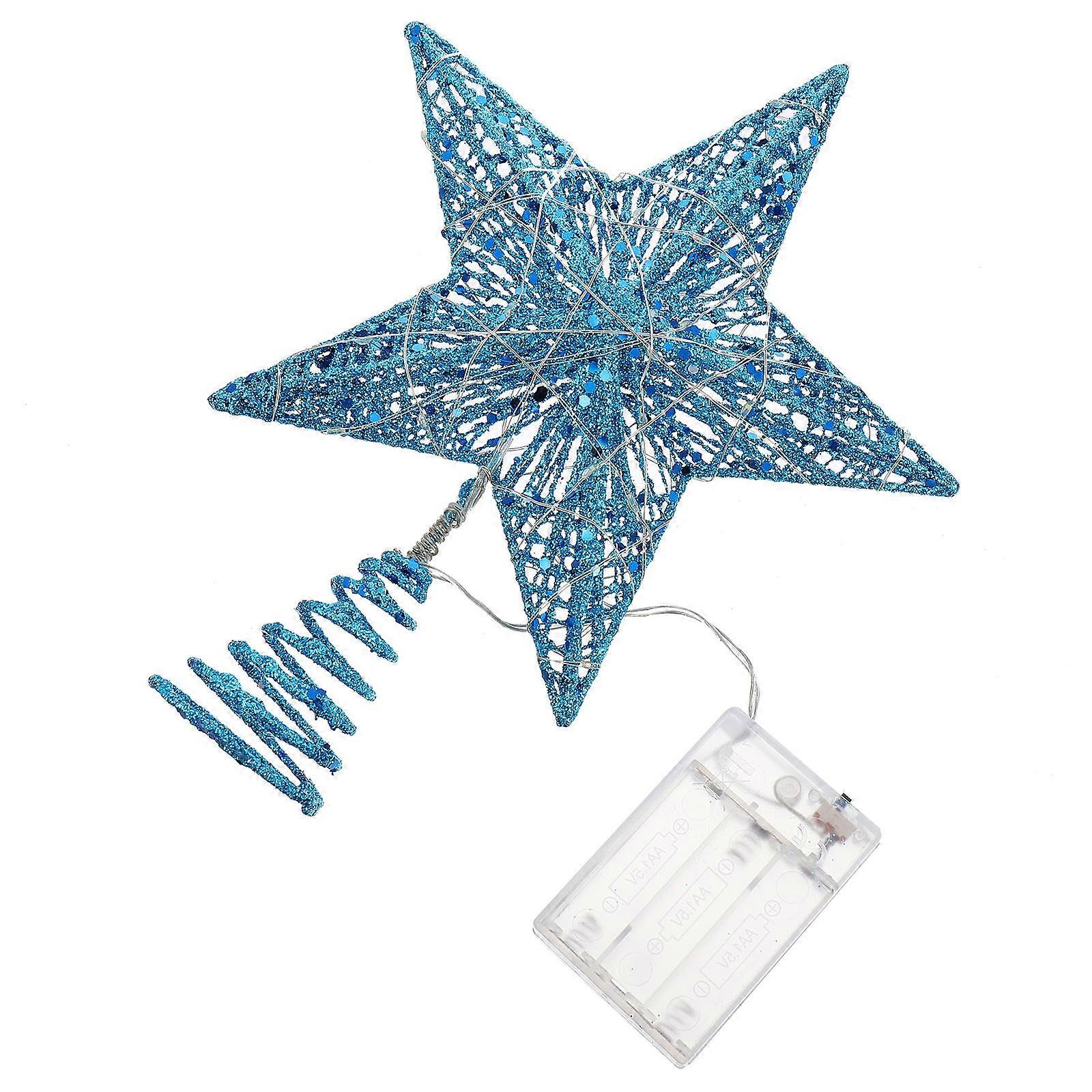 Vydlabaný železný vánoční stromek s bílým LED světlem a modrou pentagramovou dekorací pro domov, zahradu, verandu, párty, sváteční ozdobu