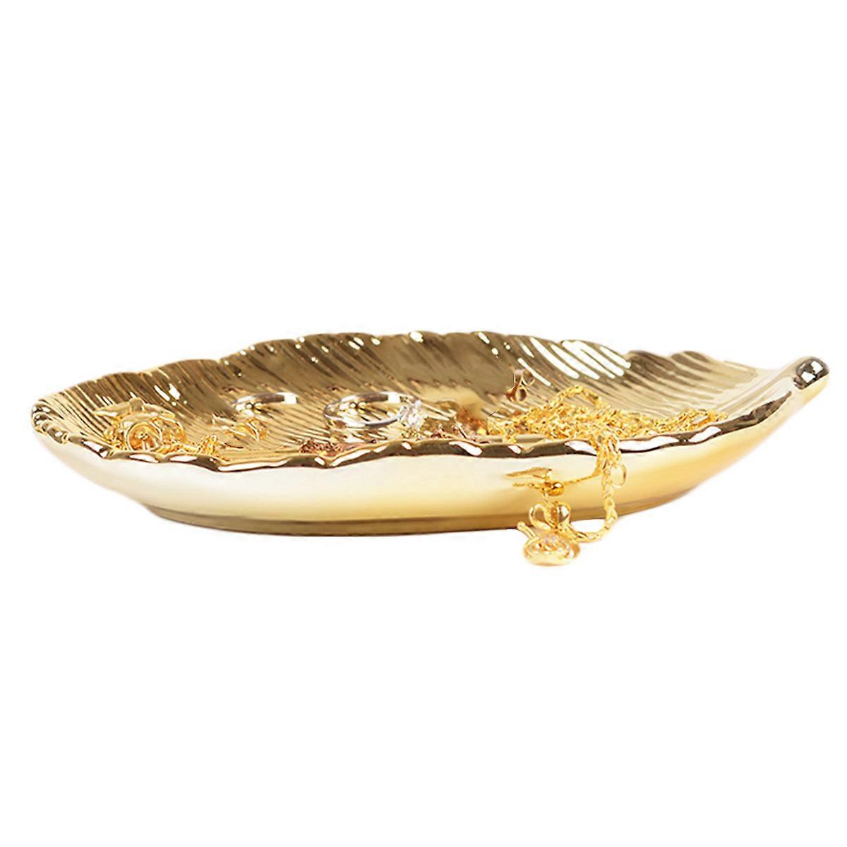 Ceramic Jewelry Tray Dish Golden Color Elegant Style For Home Desktop Decoration 1Pack