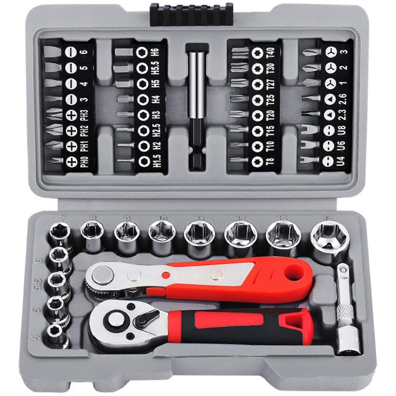 Socket Ratchet Set, 48-Piece, 1/4-Inch Drive, Hex Sockets, Hand Tool Kit, Universal Fit