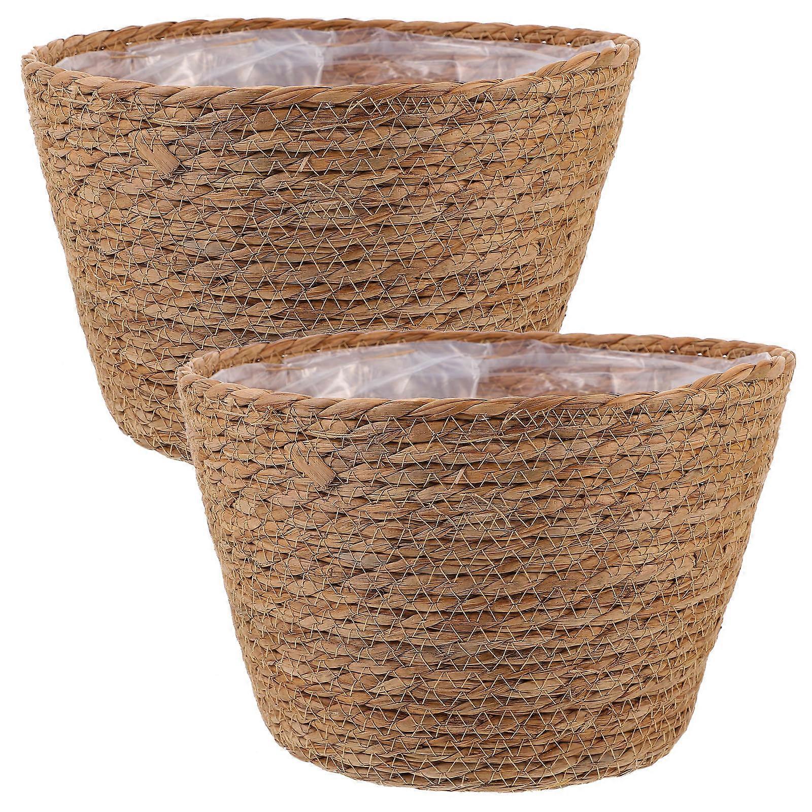 Light Brown Woven Planter Basket for Storage 2Pcs Straw Material