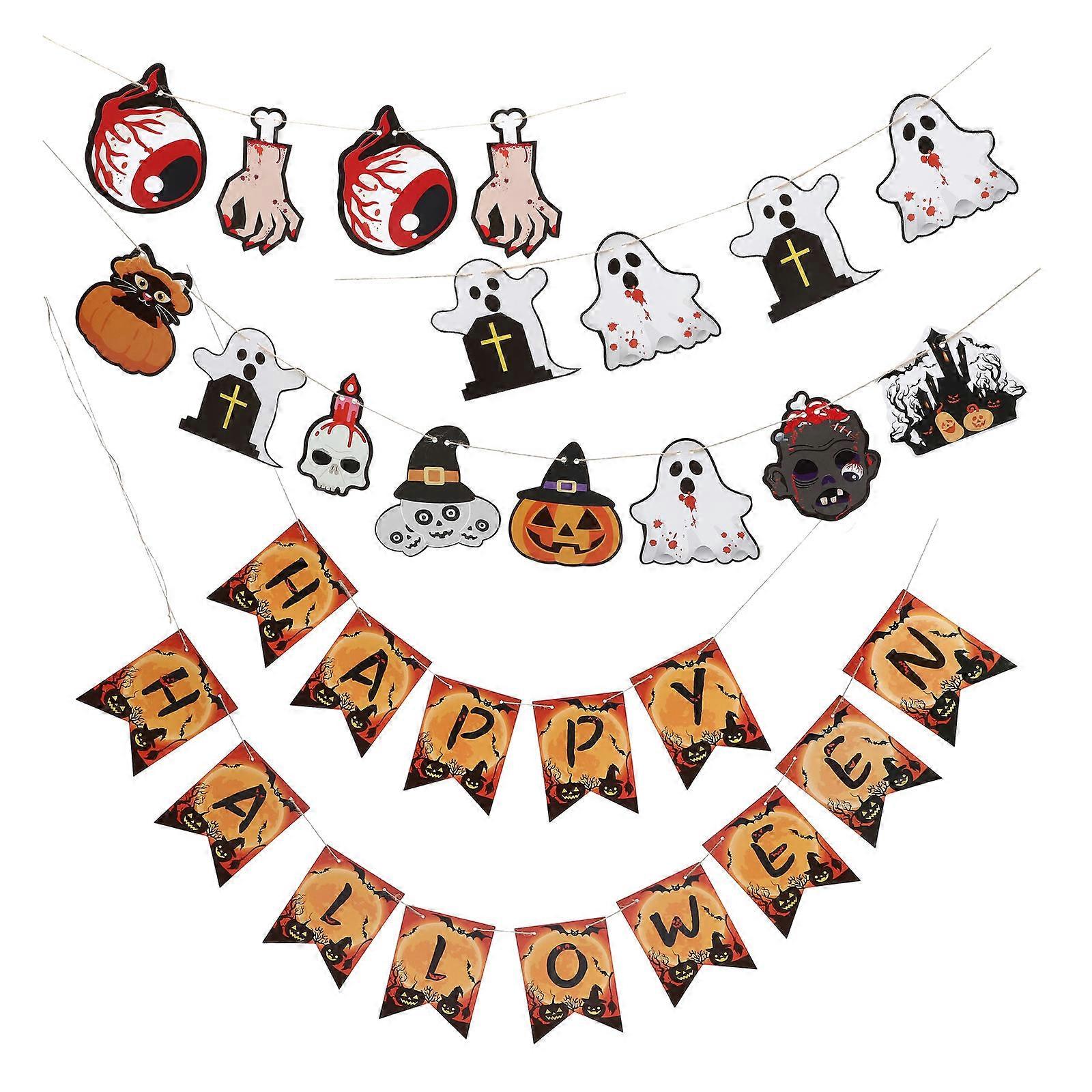 Hanging Banner for Halloween Halloween Theme Triangular Flags Office Decor Assorted Color 300cm Length 4 Sets
