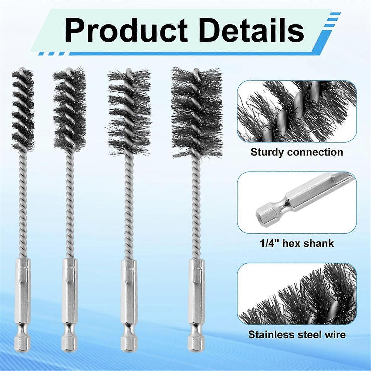 8pcs Bore Brush, Stainless Steel Wire Brush Drill Attachments with 1/4 Inch Hex Shank Twisted Wire C