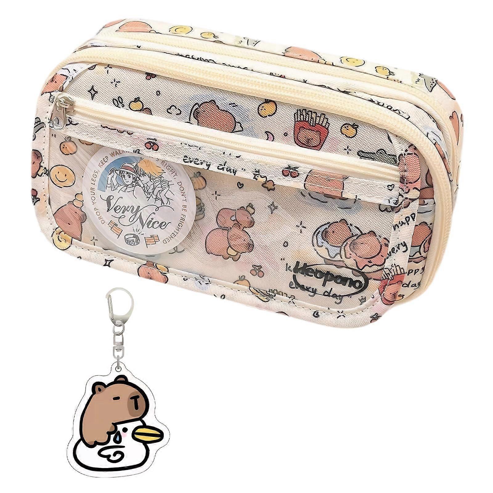 Capybara Pencil Case with Compartments, Portable White Design, 20x10x6 cm, Includes Capybara Pendant, School Supplies for Kids