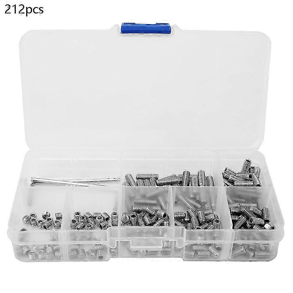 212pcs M4 Hex Socket Flat Point Set Screw 304 Stainless Steel Grub Screw Kit with Key