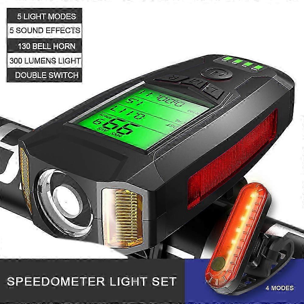 5 In 1 USB Rechargeable Bicycle Light with LCD Speedometer Odometer, Waterproof Cycling Lamp with 5 Modes and Horn, Compatible with Various 