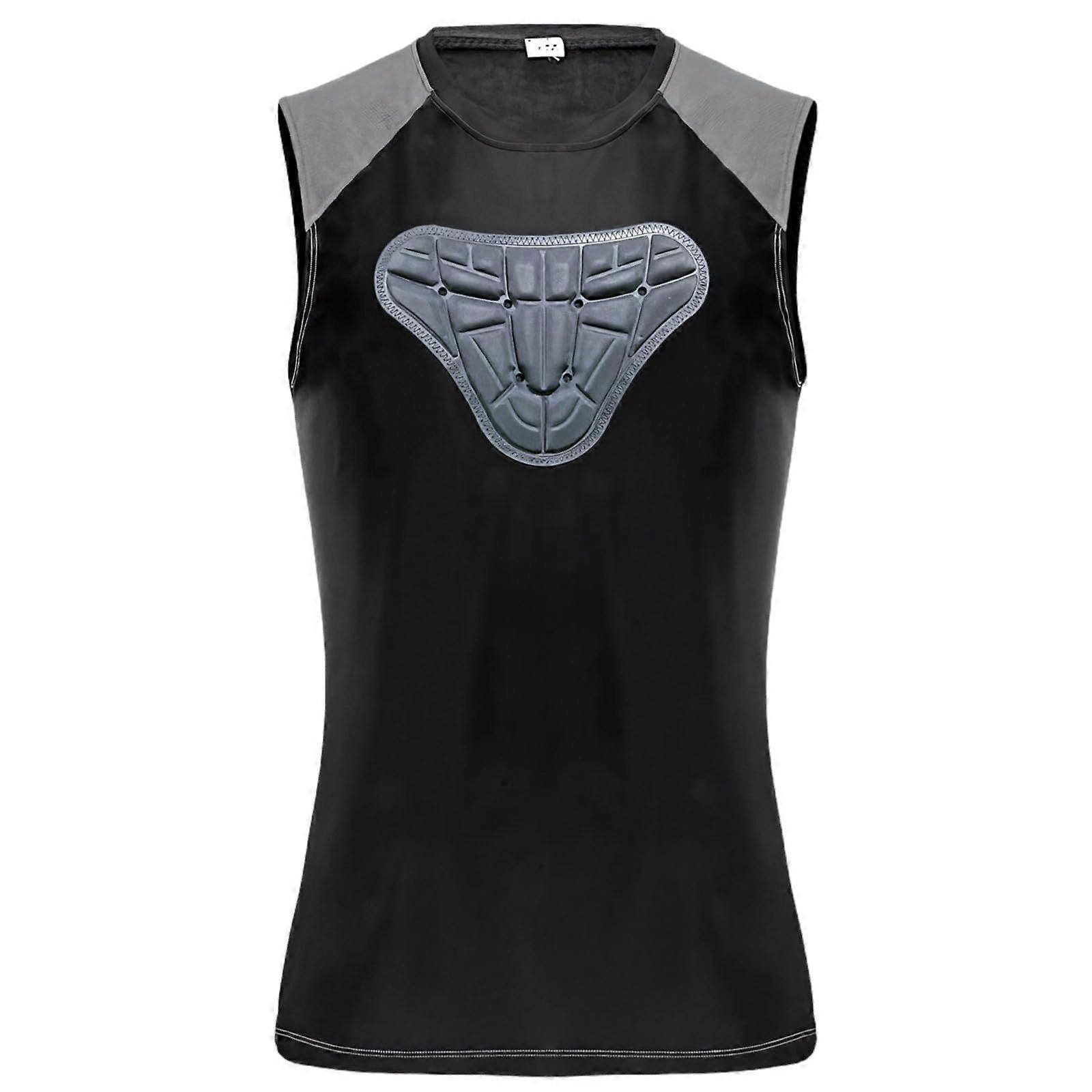 Football protective gear, black, sleeveless shirt with chest padding, quickdrying basketball vest, breathable spandex material, various sizes.
