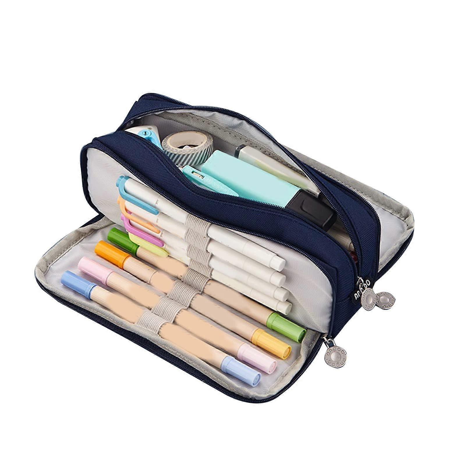 Pencil case with 3 compartment pouch pencil bag for office travel (Pink) (Navy Blue)