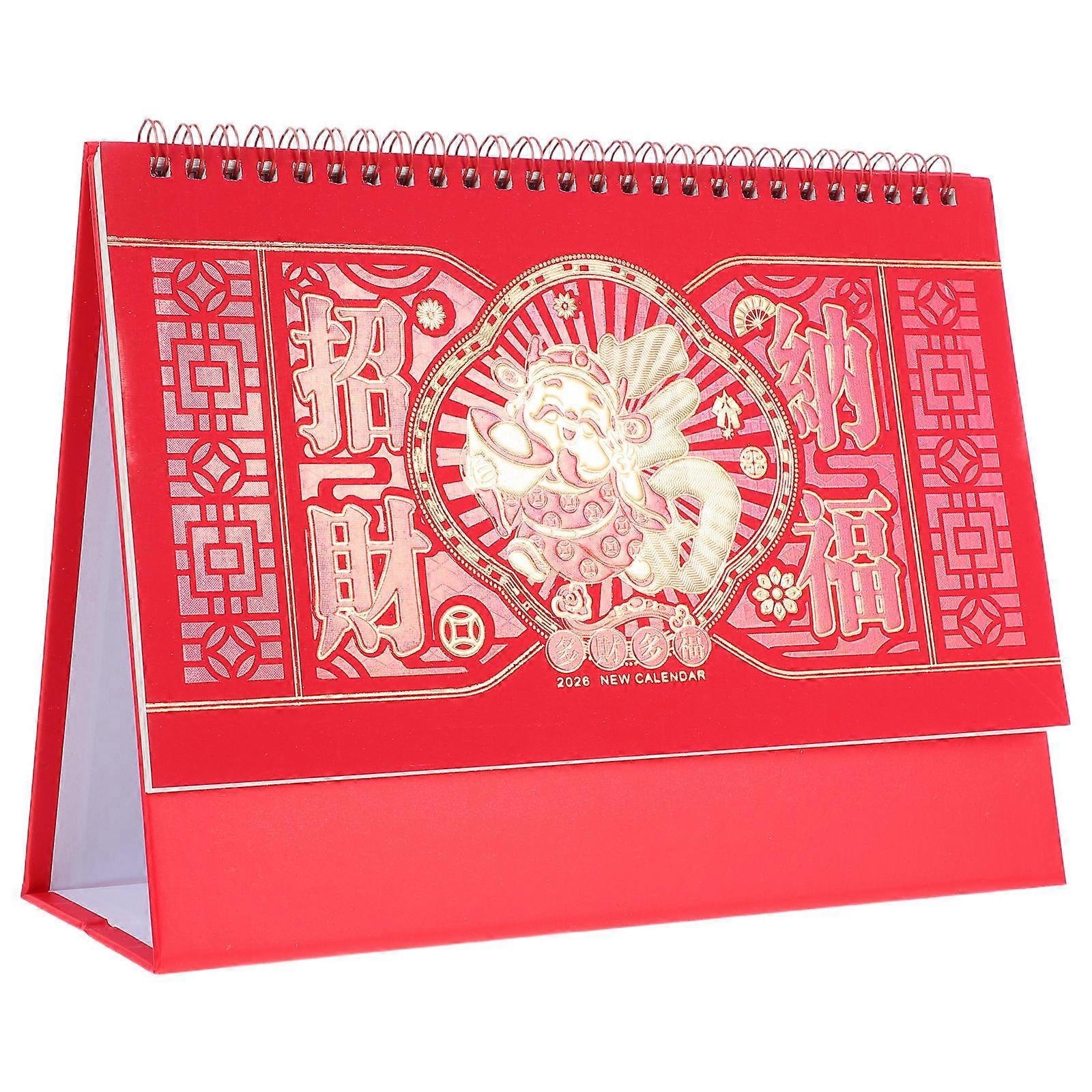 Red Desktop Monthly Planner Thick Standing Flip Calendar Chinese Style Horse Year Decorative Organizer for Home Office School Use