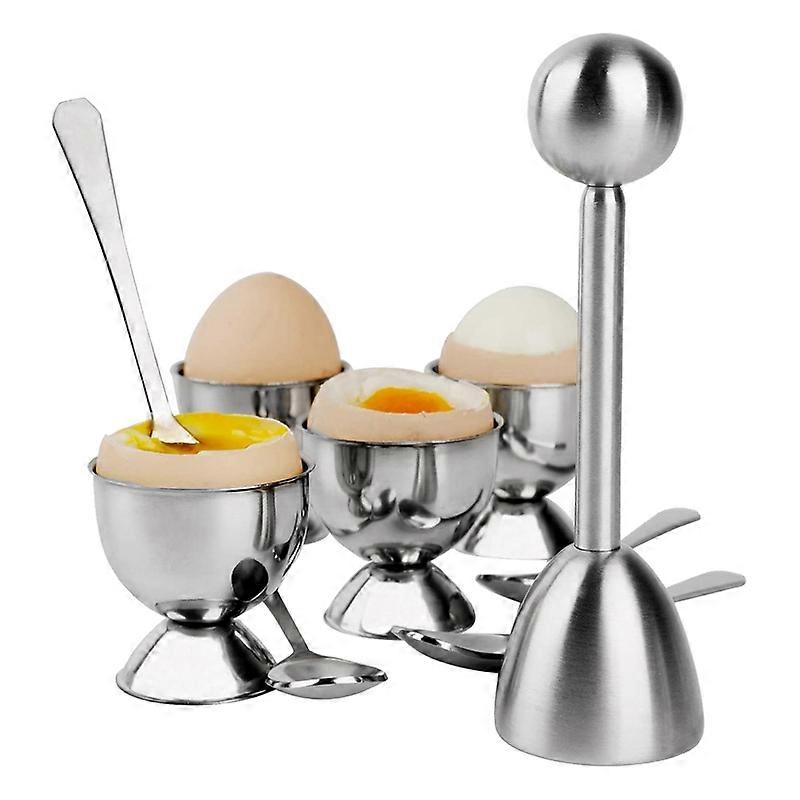 Stainless Steel Egg Attachment Set, Hard-Boiled Egg Holder, 4 Spoons, 4 Cups, 1 Shells Remover Top Cutter