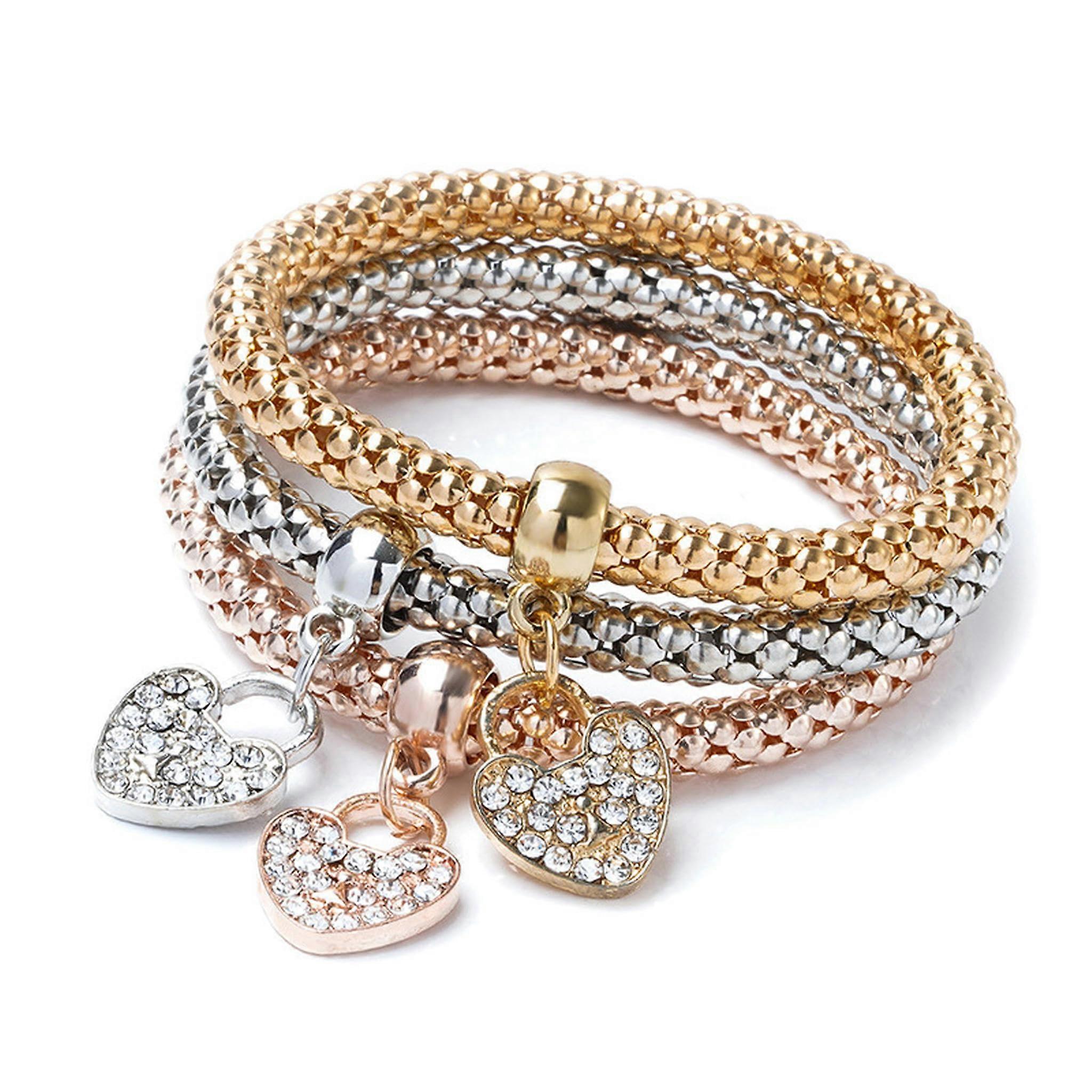 Alloy Three Colour Elastic Popcorn Chain Bracelet Set with Crystal Heart Pendants for Women