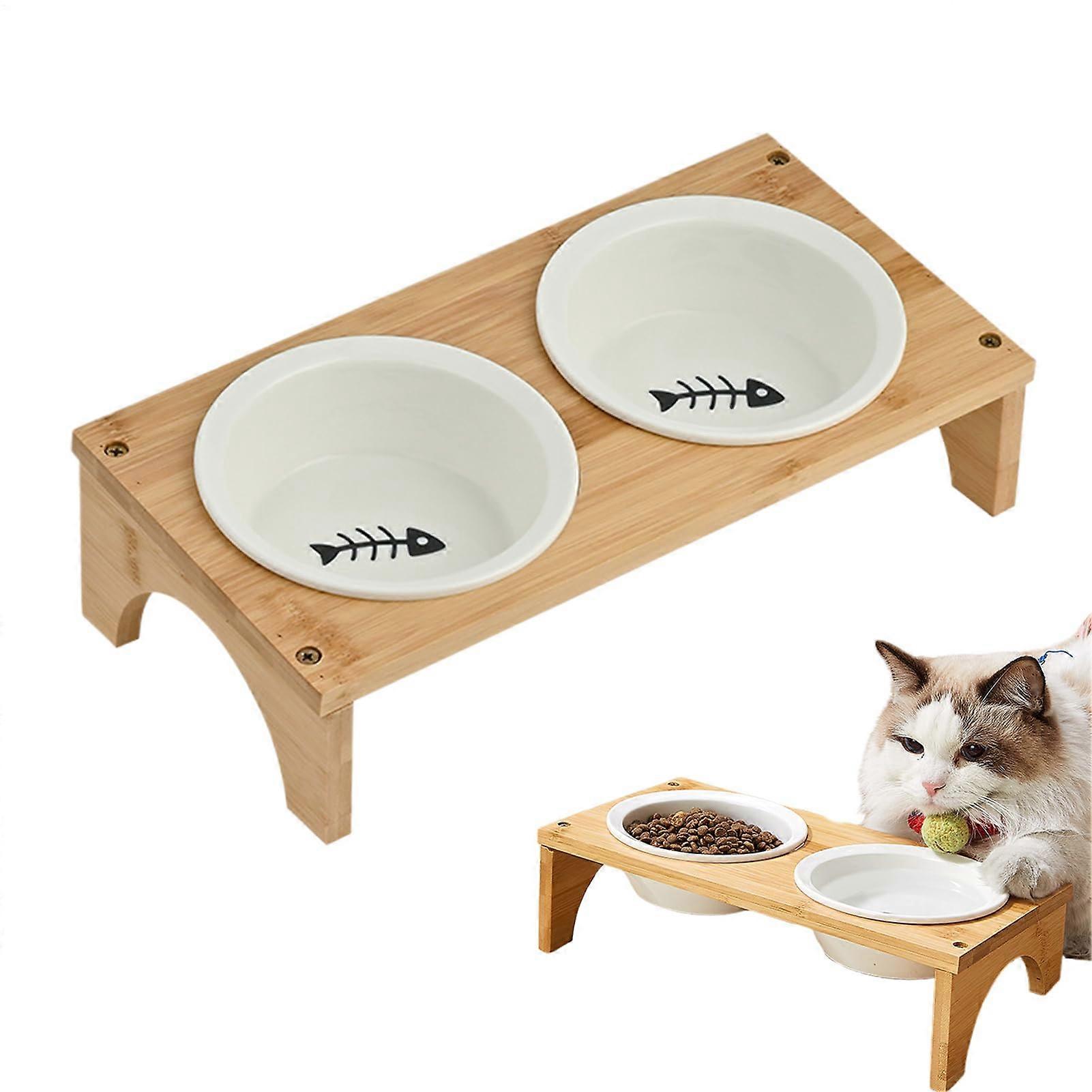 Elevated cat and dog feeding station: tilted ceramic bowls with nonslip base