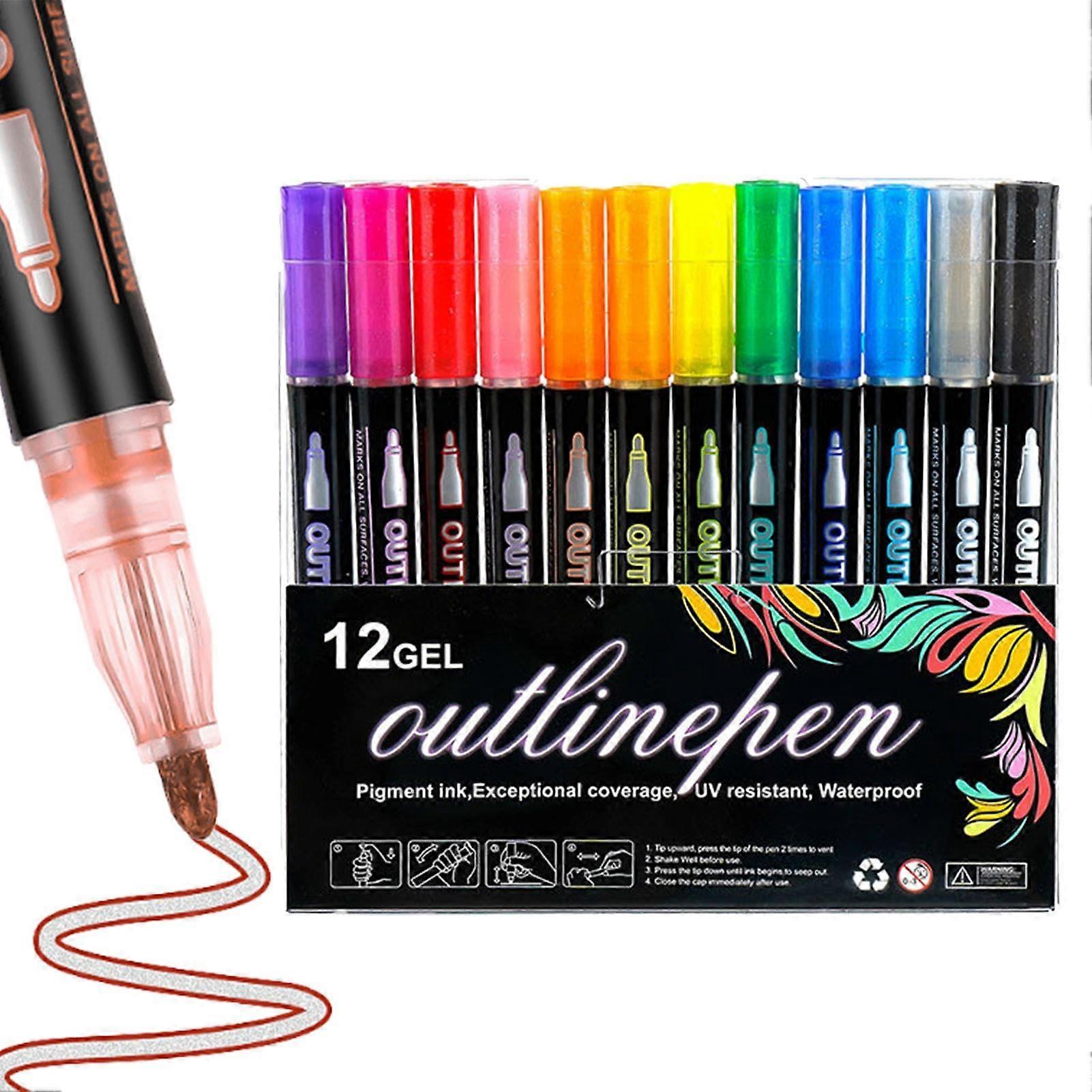 Shimmer Outline Pens, Double-Lines Doodle Outline Markers, 12-Color Set for Crafts, Scrapbooking, Journaling