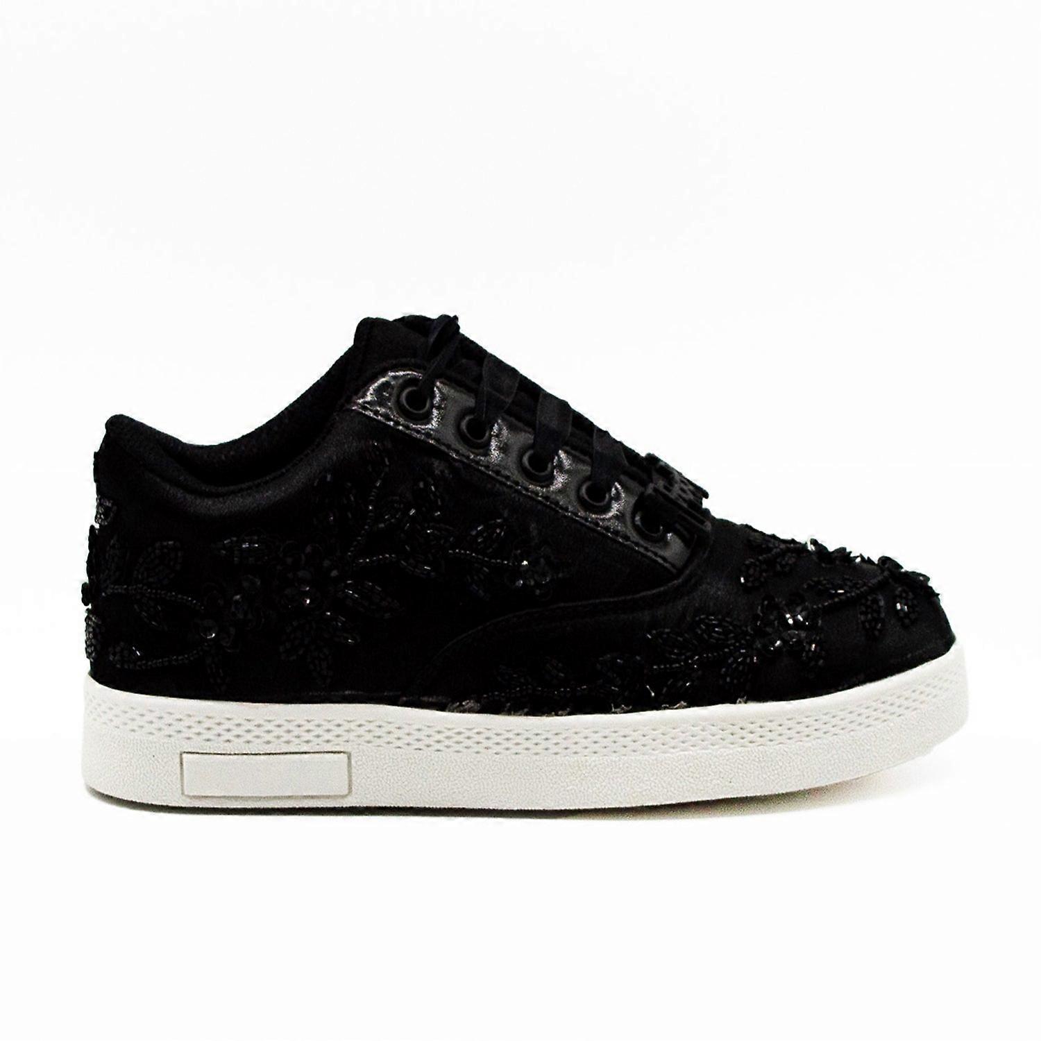 Natalia luxury black satin handmade embellished tennis shoe