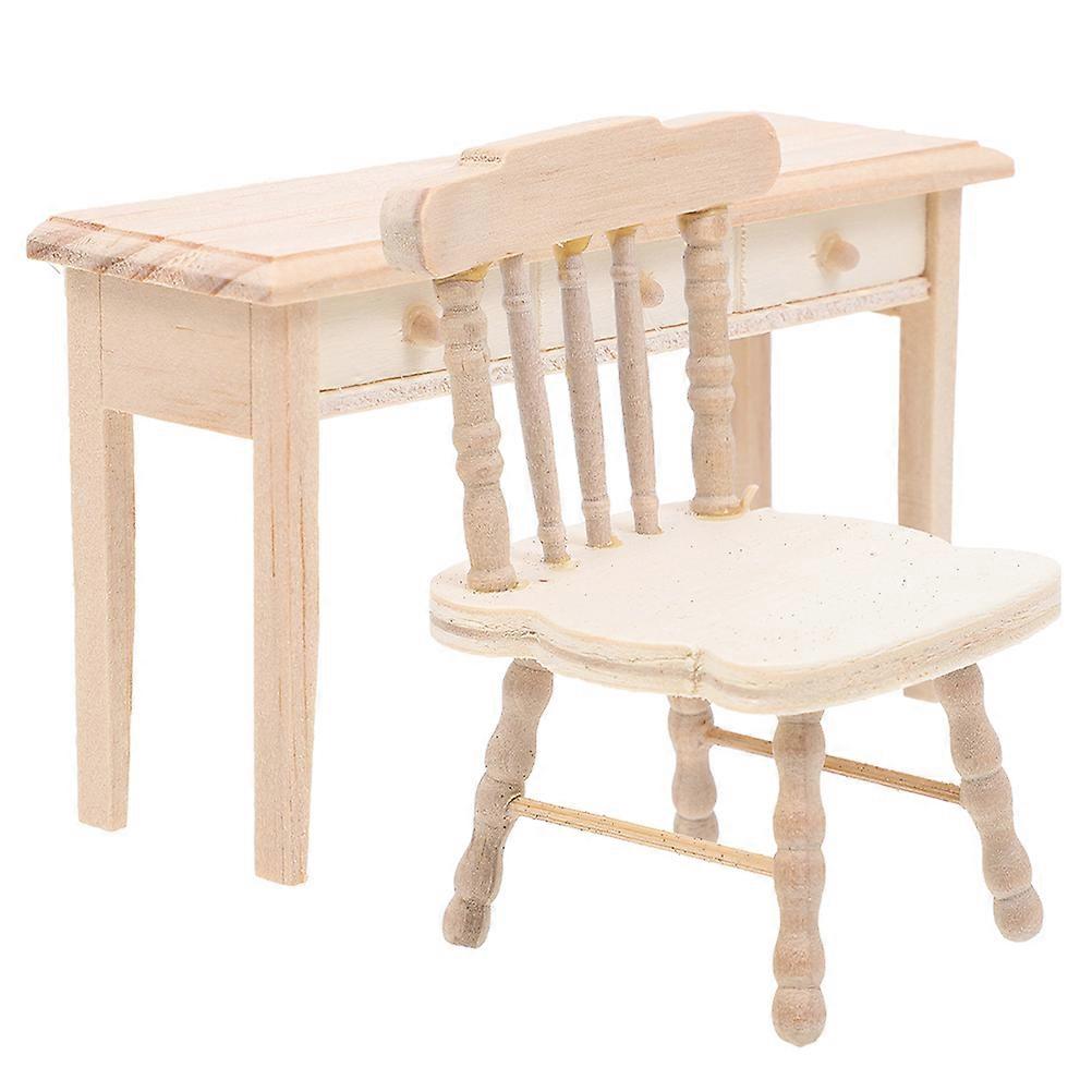 1 Set Miniature Wooden Desk and Chair for Kids to Play and Decorate Doll House with Smooth Surface