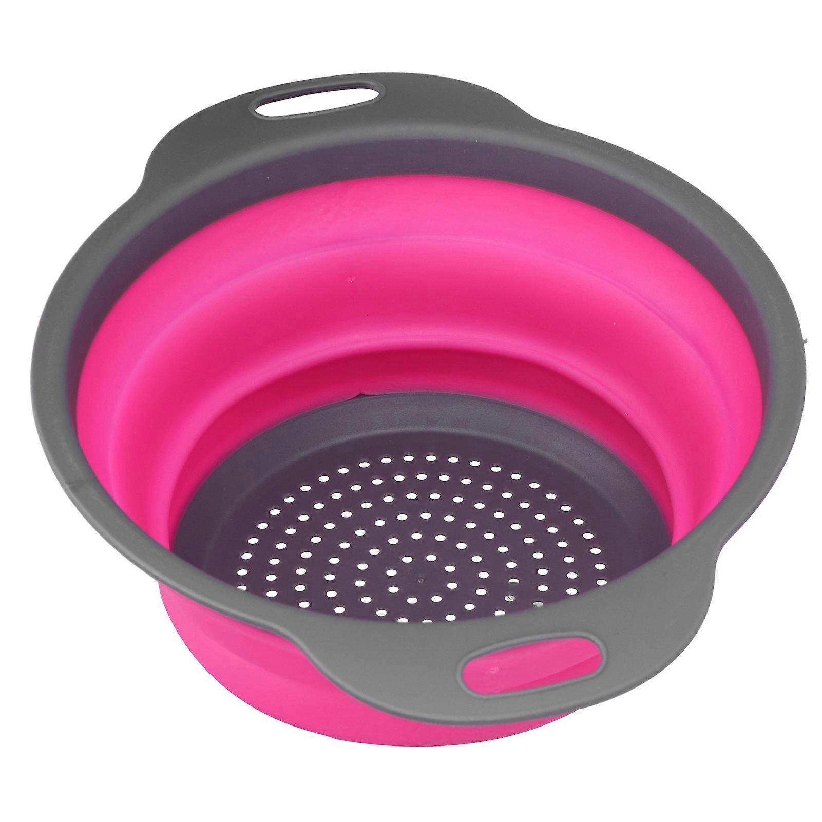 Rose Red Silicone Round Folding Drain Basket with Handle Small