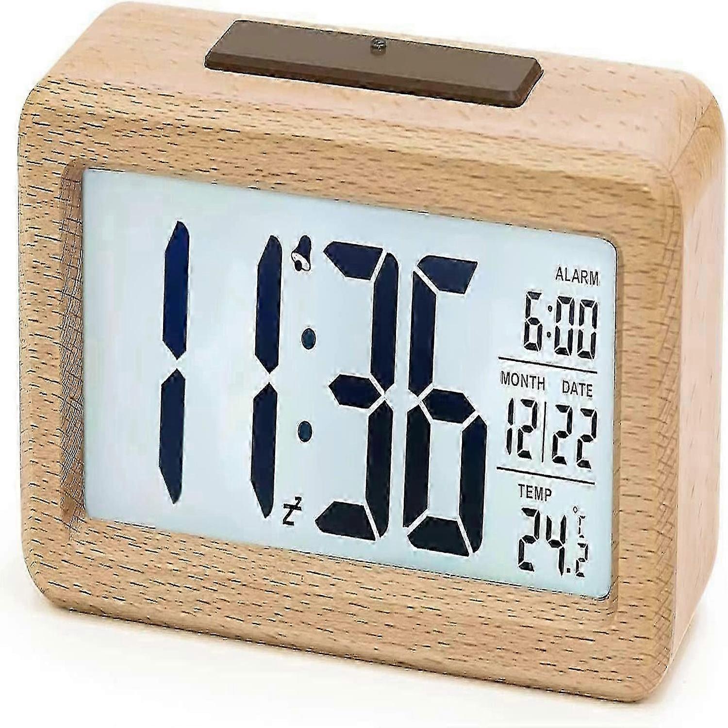 Digital Alarm Clock, Wooden Bedside Clock with Large LCD Backlit Display, Temperature, Snooze Function, Brightness Sensor NOT Included Battery