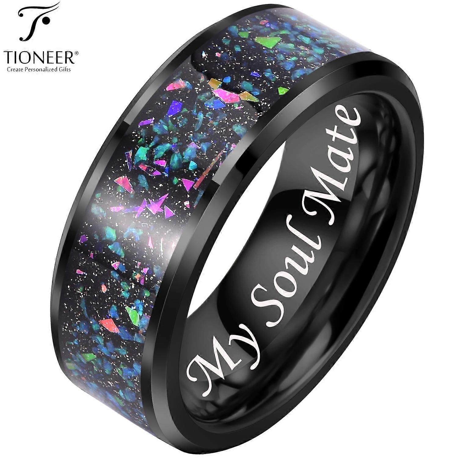 Tioneer Black IP Tungsten Ring 8mm Galaxy Series w/ Opal Inlay in Different Styles Wedding Band for Men Women w/ FREE Engraving Options