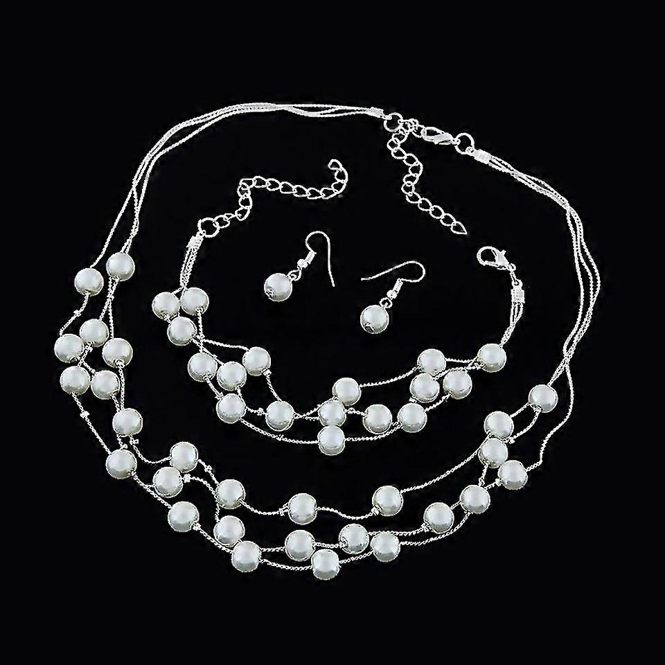 For Pearl Multilayer Temperament Necklace Earring Bracelet Set Silver