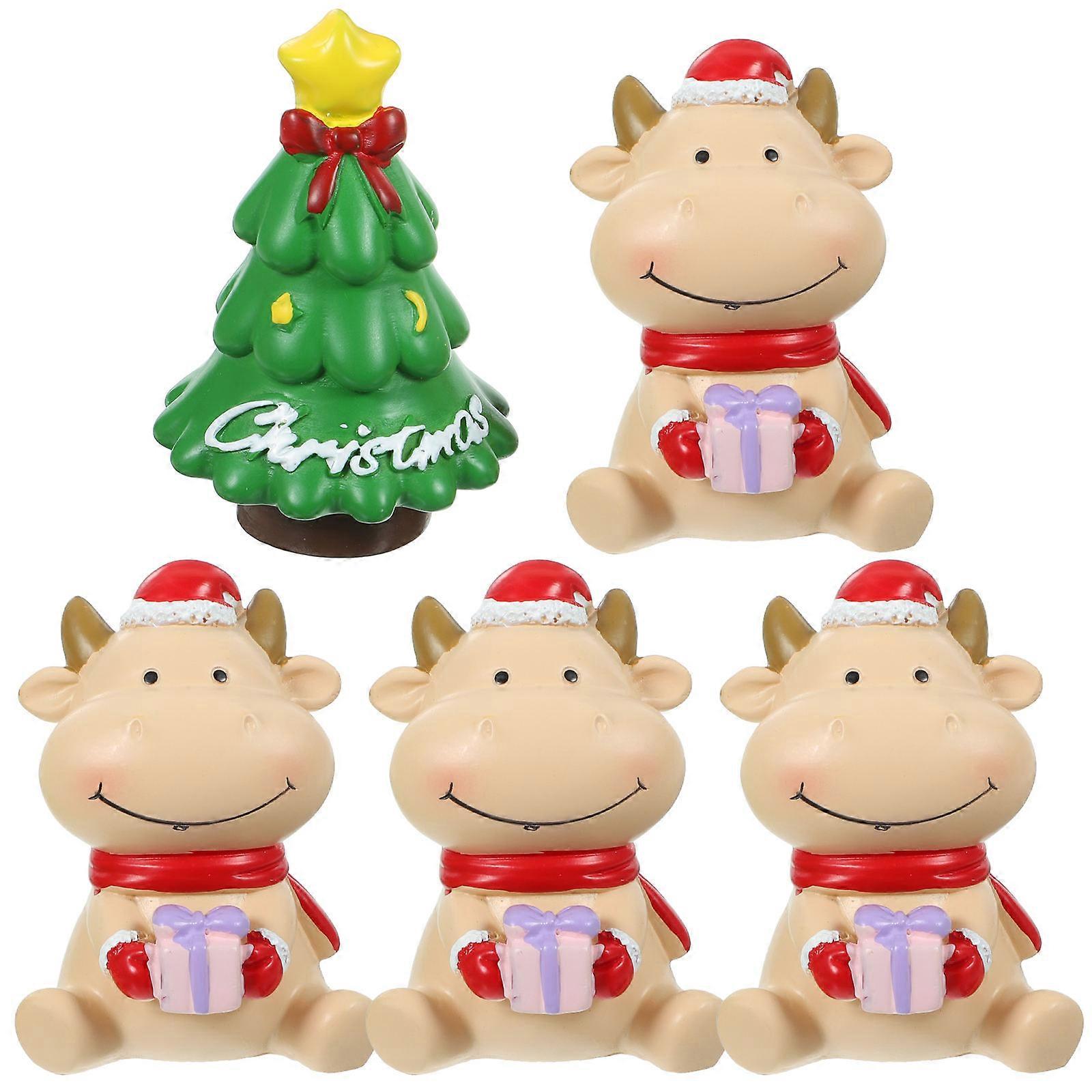 Mini Resin Xmas Ornament for Room 25Pcs Christmas Ox Figurines and Tree