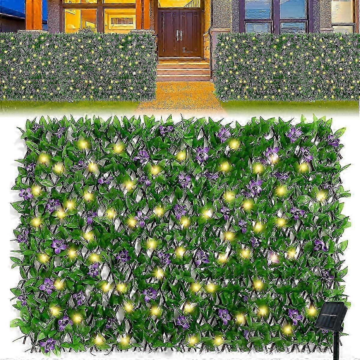 25-26 Expandable Fence with Solar Light String Stretchable Foliage Privacy Fence Faux Ivy Fence Panel Backdrop Artificial Hedges Fence