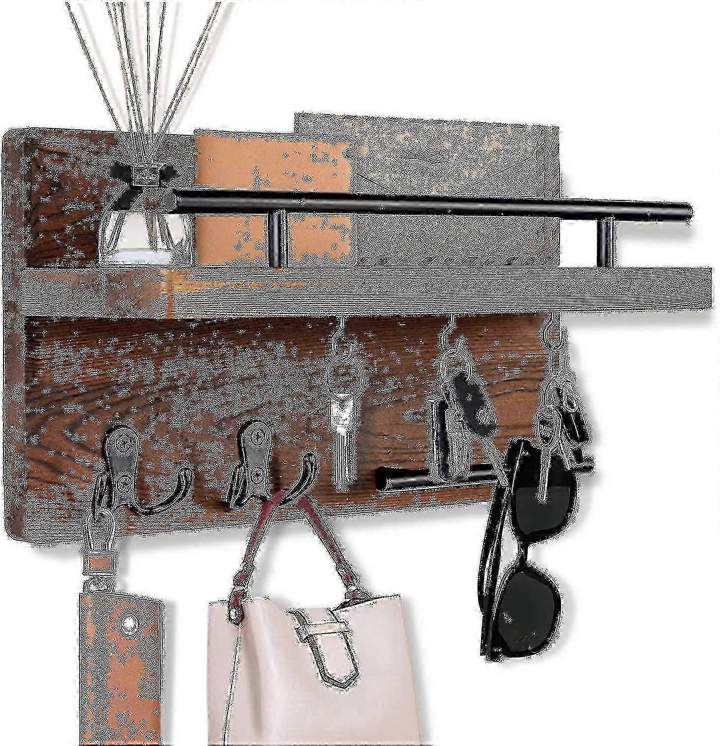 Rustic Key Holder with 5 Hooks & Mail Organizer Shelf - Decorative Wall-Mounted Key Hangers for Home Storage and Organization