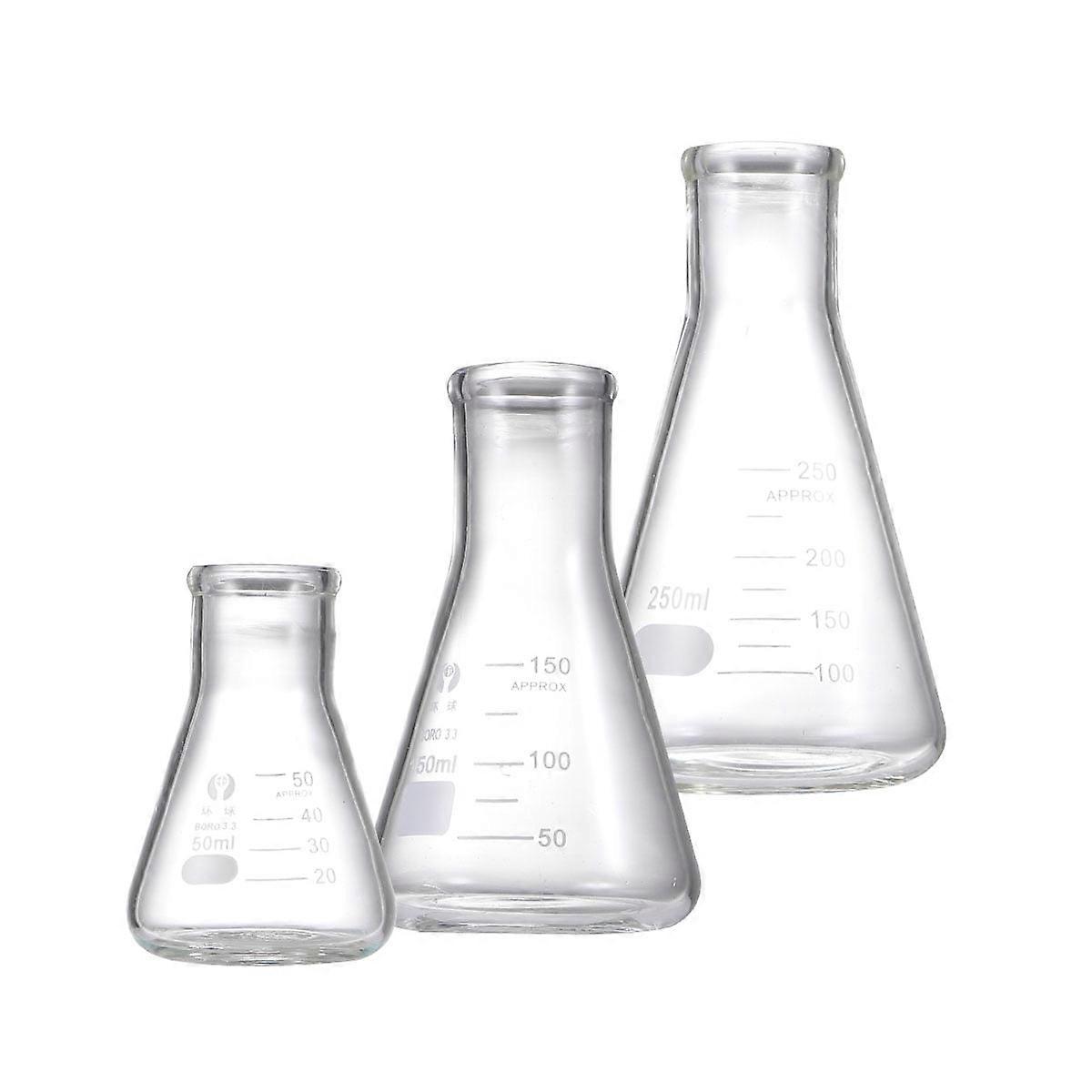 3pcs Thickened Glass Flask Conical Flask School Supply Experiment Accessory for Laboratory Students Chemistry Experiment (50ml, 150ml, 250ml)