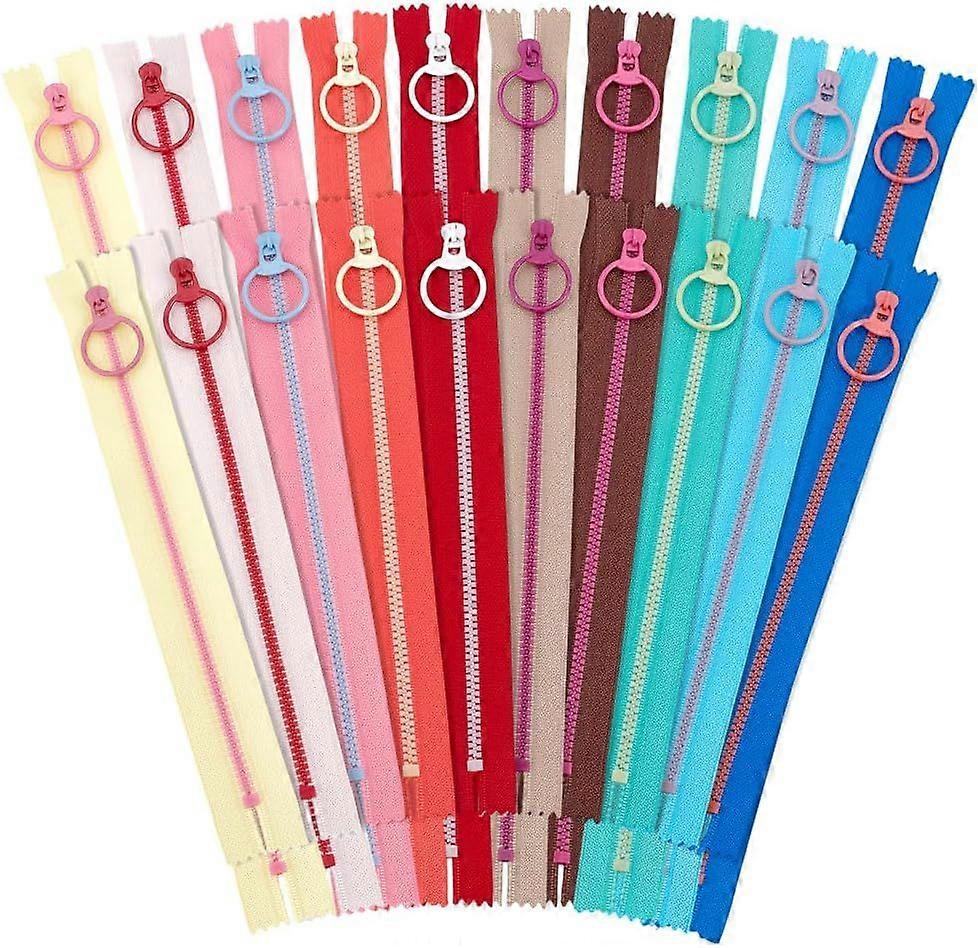 20pcs 10 Color Resin Zippers with #3 Lifting Ring Pulls 9 inch/11.8 inch Nylon Plastic Bulk Zippers Separating Jacket Zippers Close-end for Sewing Cra