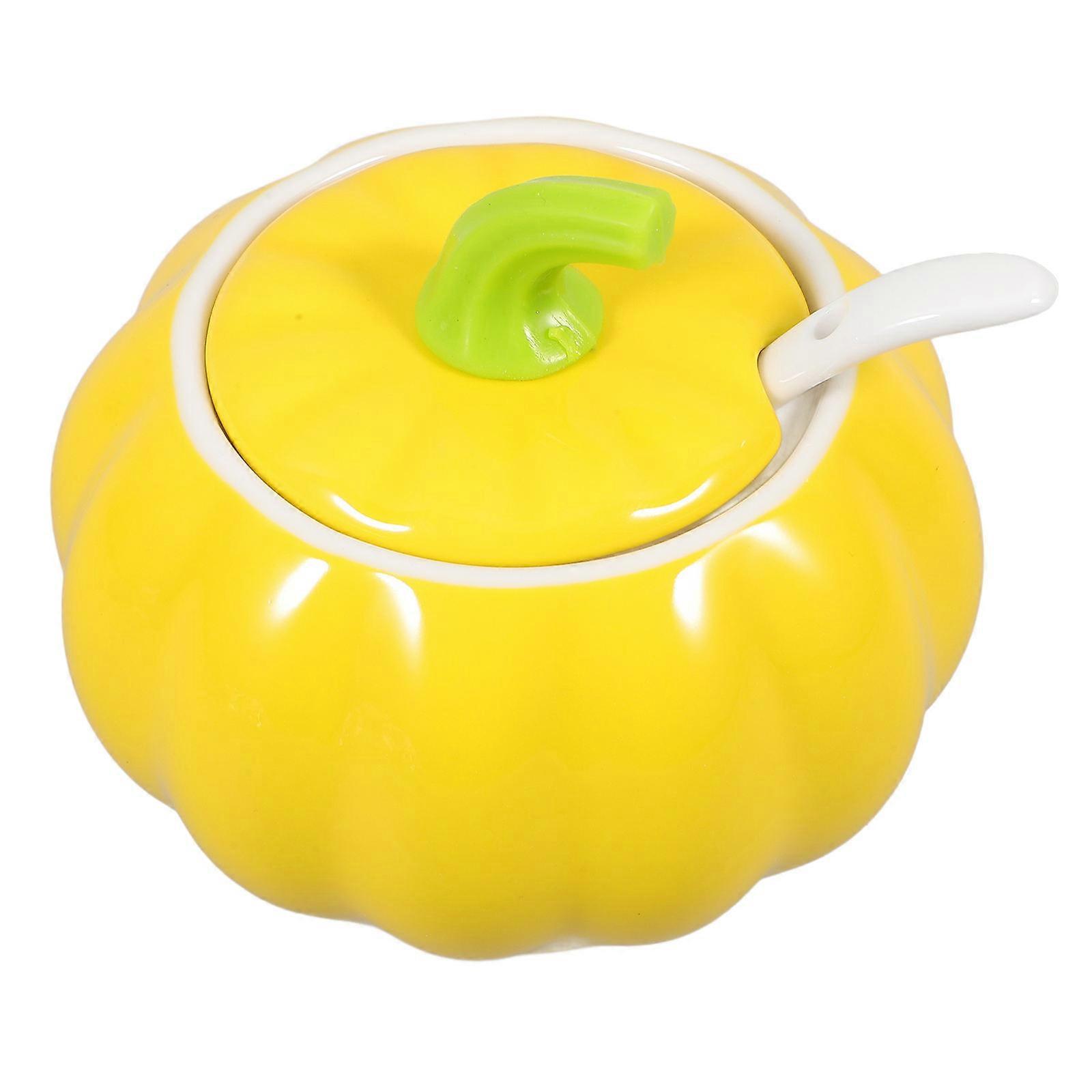 Yellow Ceramic Pumpkin Shaped Condiment Jar for Storage Use 1Set Seasoning Container