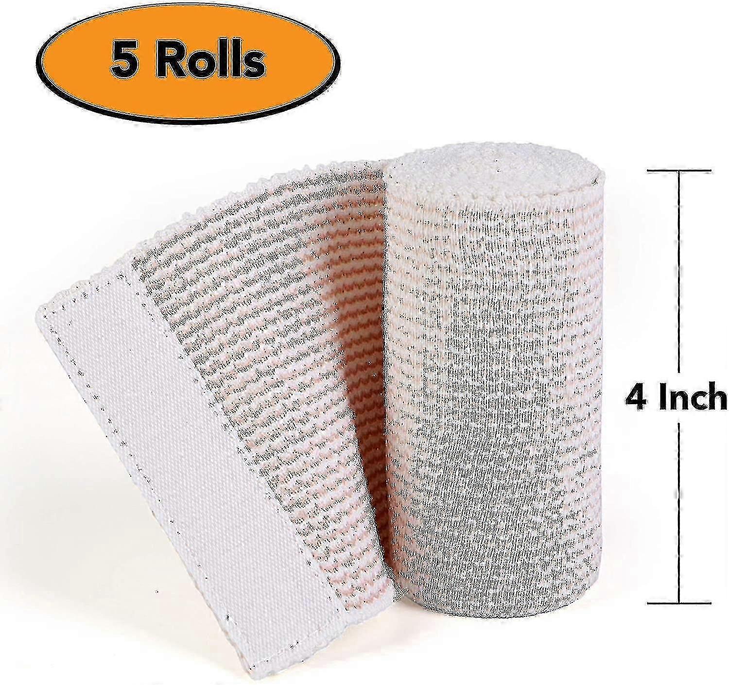 Cotton Elastic Compression Bandage - 4" Wide, 0.9-2 cm Stretch, Hook & Loop, Latex-Free (Pack of 5) for XXF