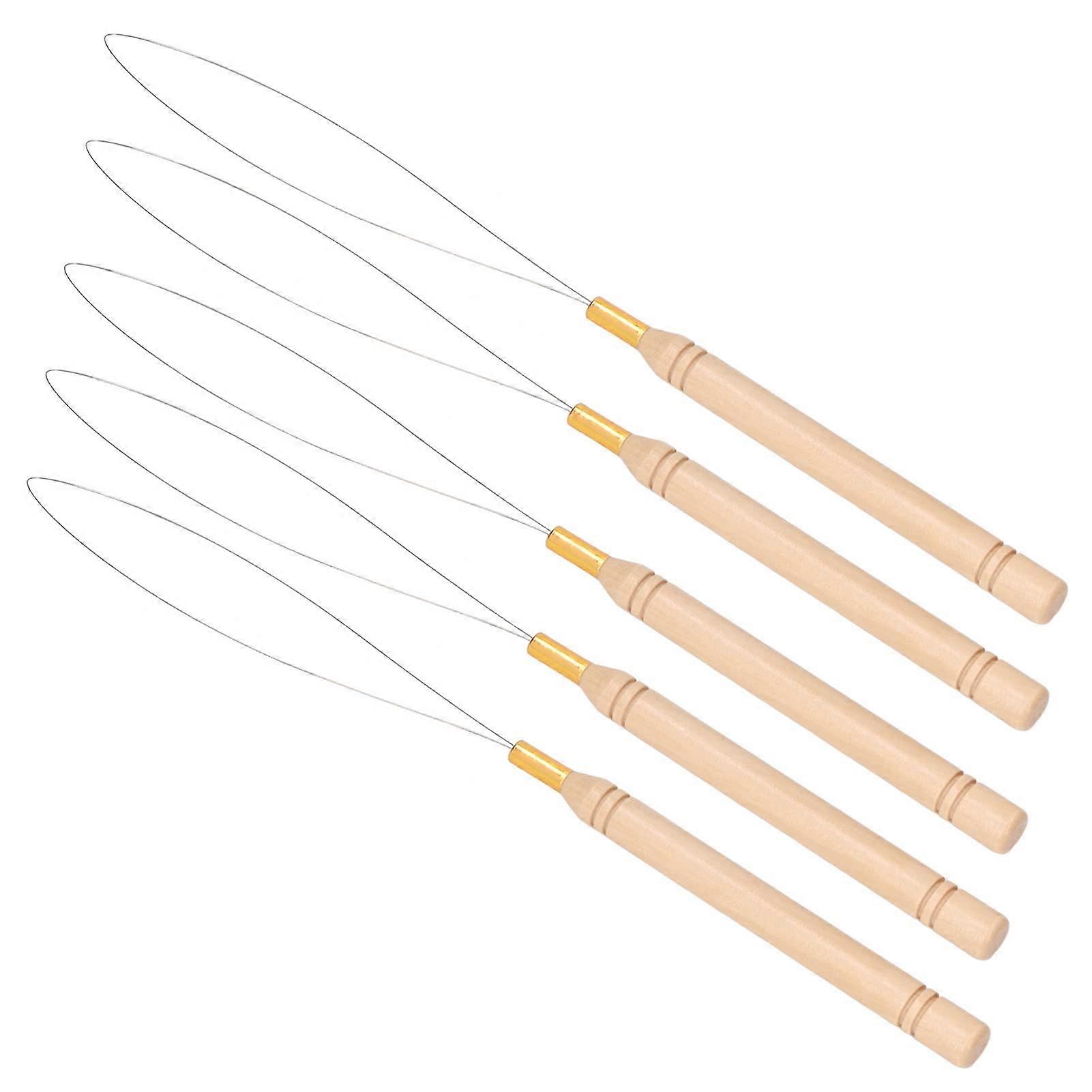 Hair Extension Loop Needle Threader Flexible Beech Wood Handle 5Piece Pull Hook Set For Hair Extensions And Projects