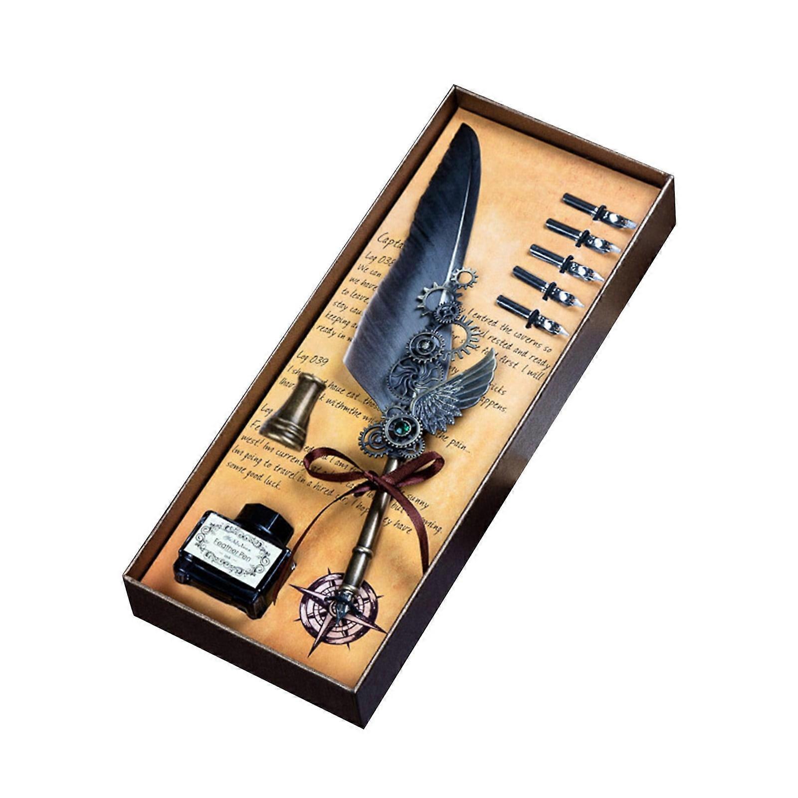 siubich Retro Carving Feather Pen Set, Glittering Quill Pen Set compatible with antique calligraphy, dip pen with ink, 5 nibs, stand, vintage