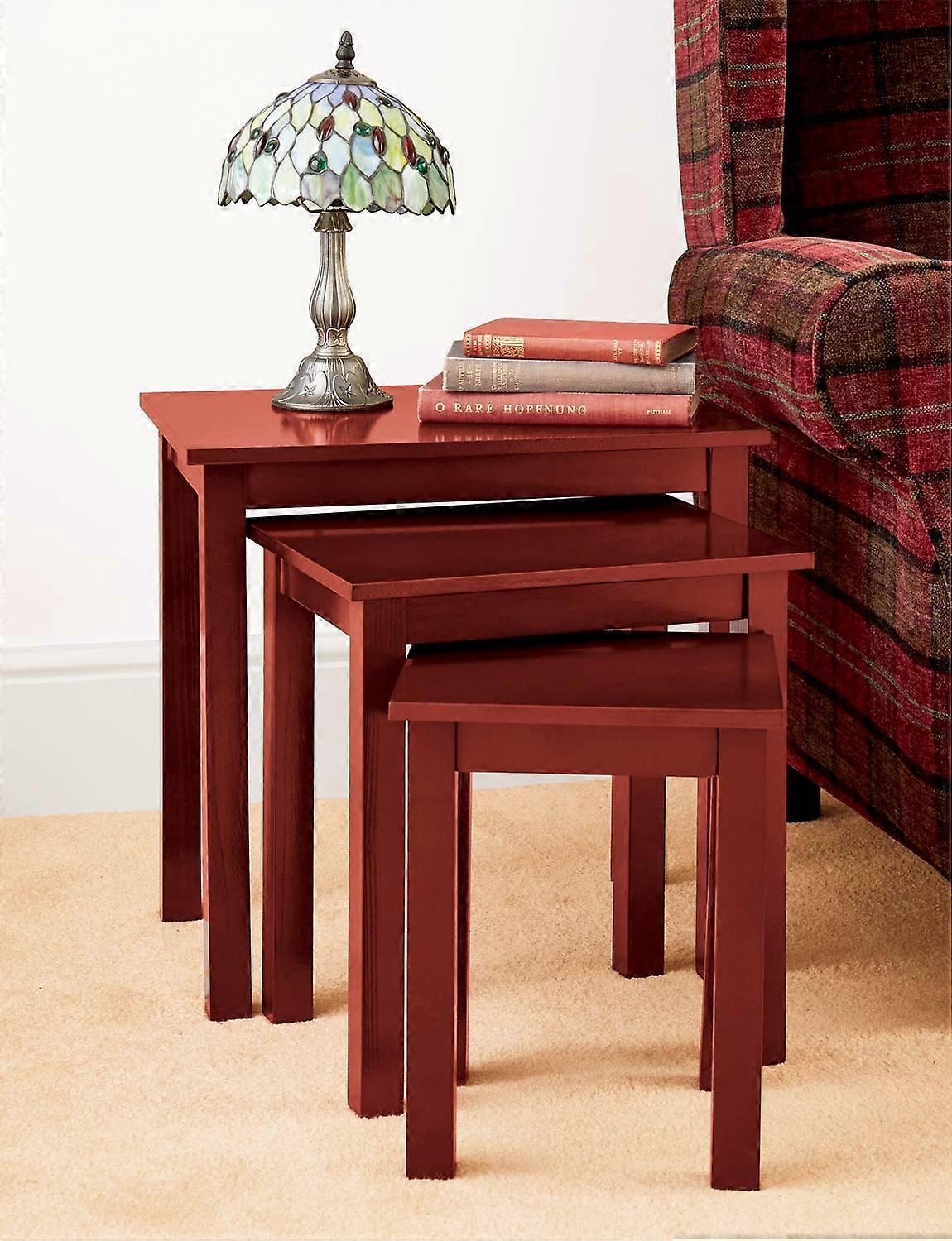 Chums | Quality | Nest of 3 Companion Tables – Solid Wood with Hi-Gloss Mahogany Finish – Space-Saving Nesting Table Set for Living Room Bedroom or Hallway