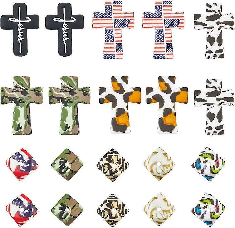 1 Box 20Pcs 10 Styles Leopard Print Silicone Beads Bulk Beads Rhomboid Camouflage Character Rubber Cow Colorful Focal Bead for Pens DIY Keychain Makin