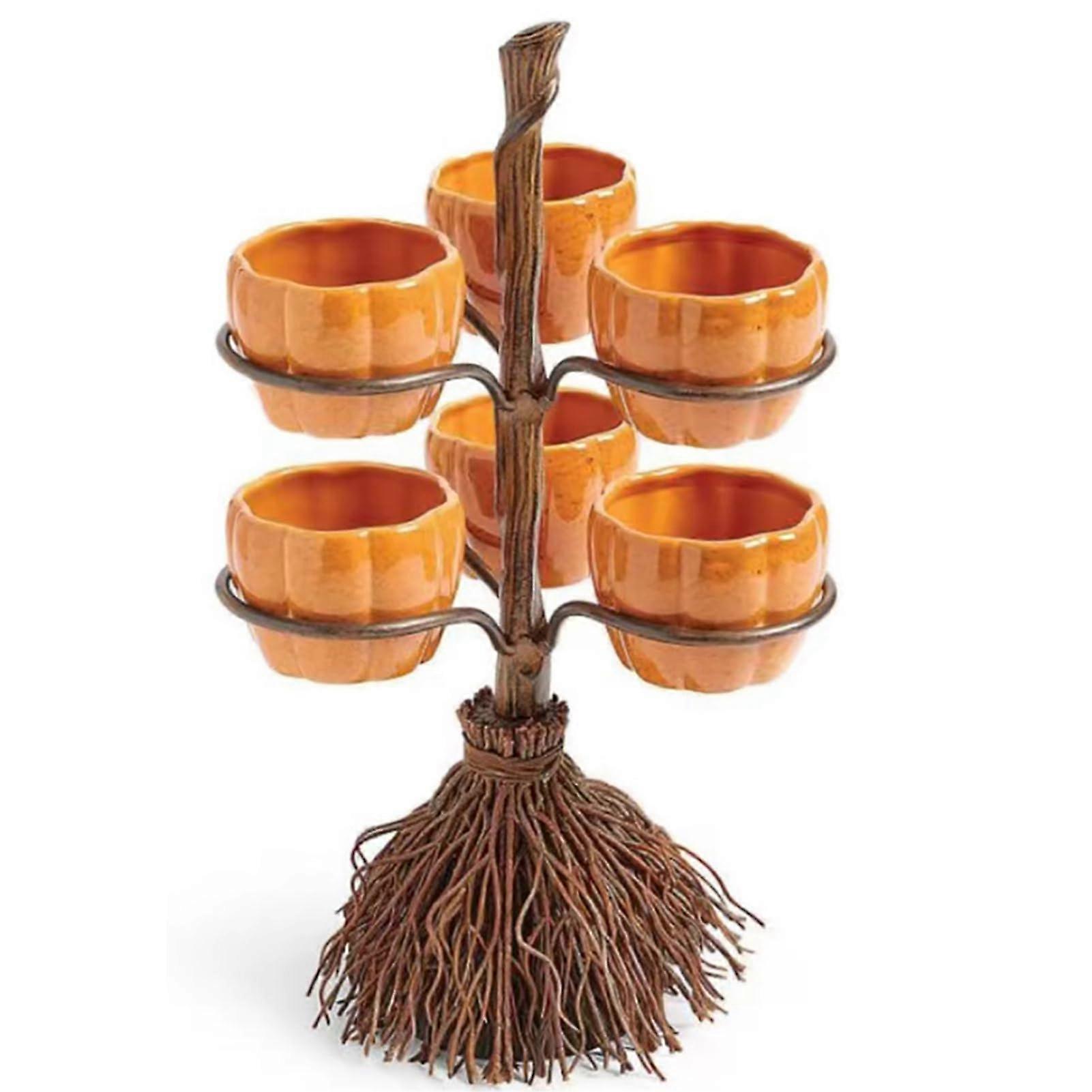 Halloween Candy Bowl Pumpkin Serving Tray with MultiBowl Broom Stand for Fall Party Snacks