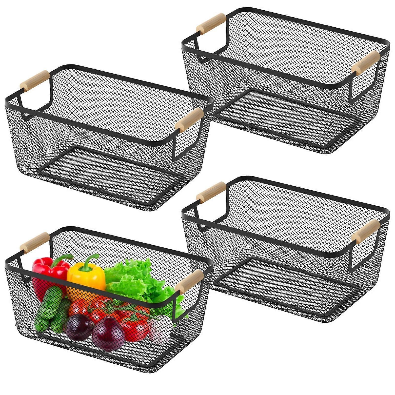 4pcs Wire Storage Baskets with Wooden Handles, Stackable Metal Mesh for Kitchen and Home Organization