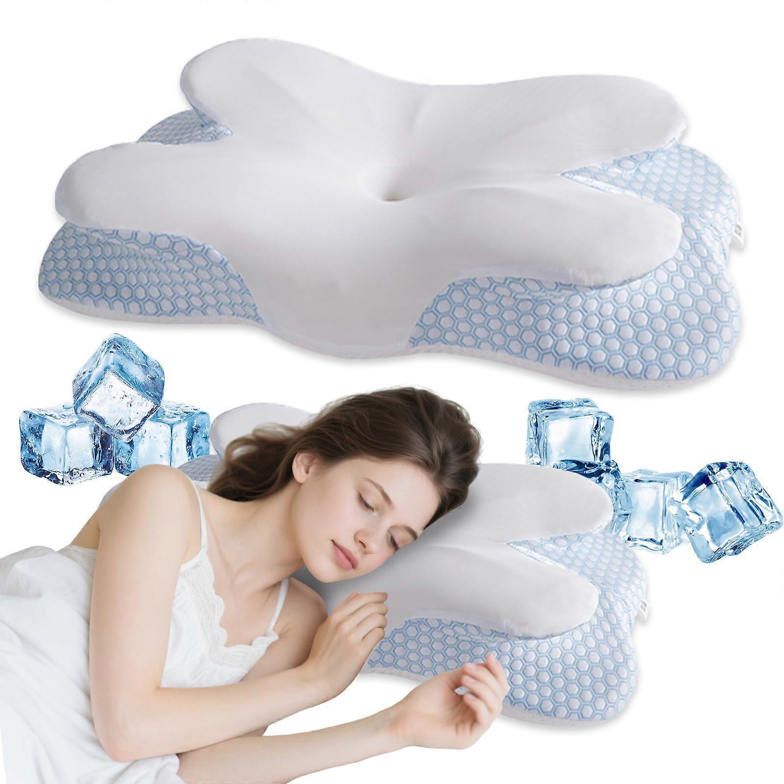 Memory Foam Cervical Pillow with Ergonomic Butterfly Design for Neck Pain Relief, Breathable Washable Cover, Grey White Blue