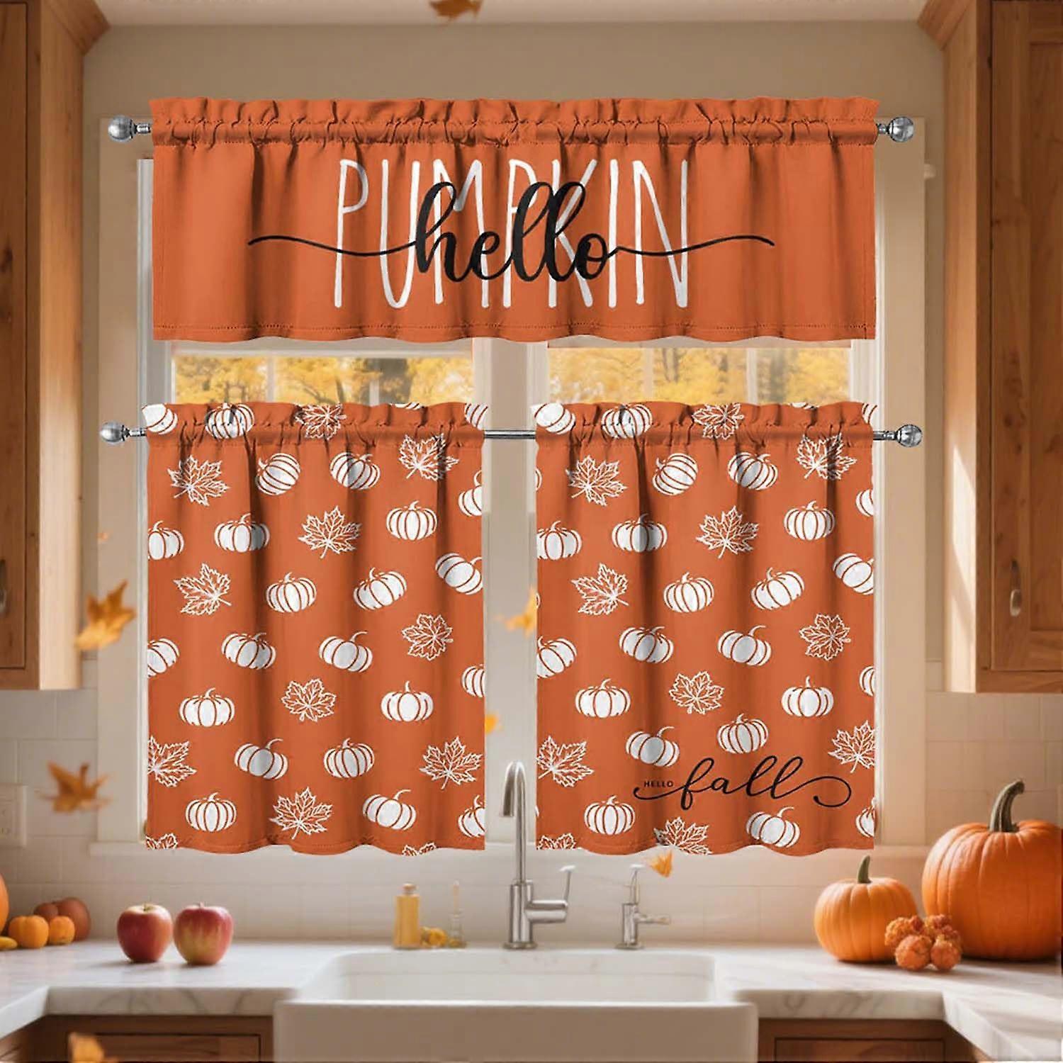 Fall Kitchen Curtains with Pumpkins, Farmhouse Style Tier and Valance Set, Warm Light Filtering 3pc
