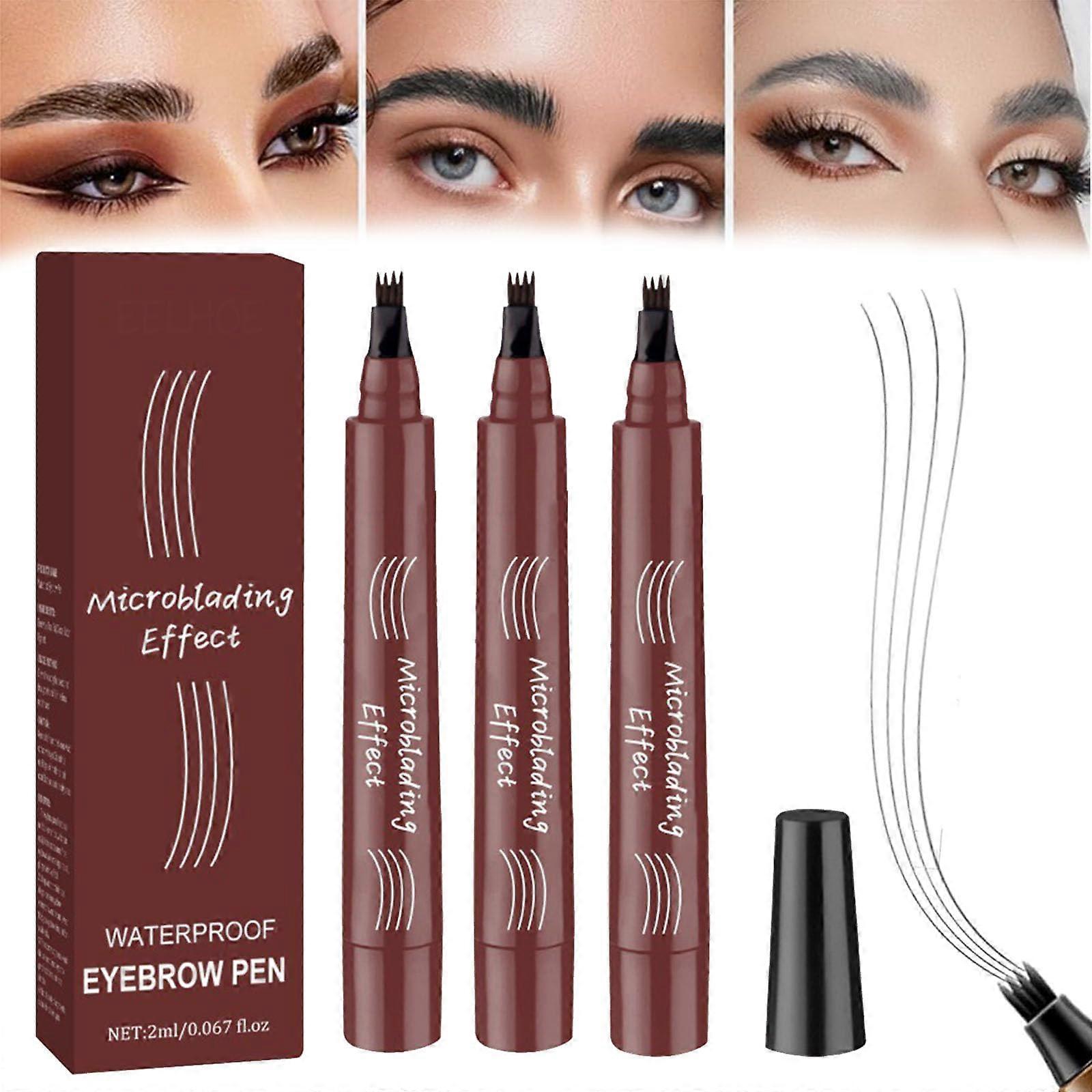 3Pcs Waterproof Microblading Eyebrow Pencil with 4Fork Tip for Natural LongLasting Brow Makeup Red Brown