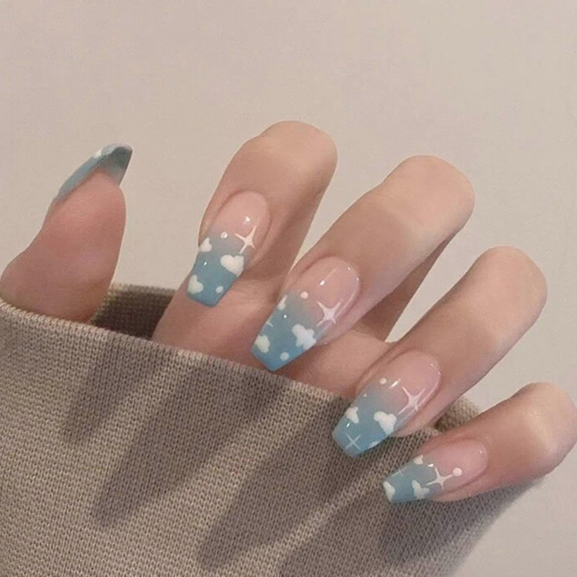 French Blue Coffin Press On Nails Glossy White Cloud False Nail Tips Reusable Set 24Pcs